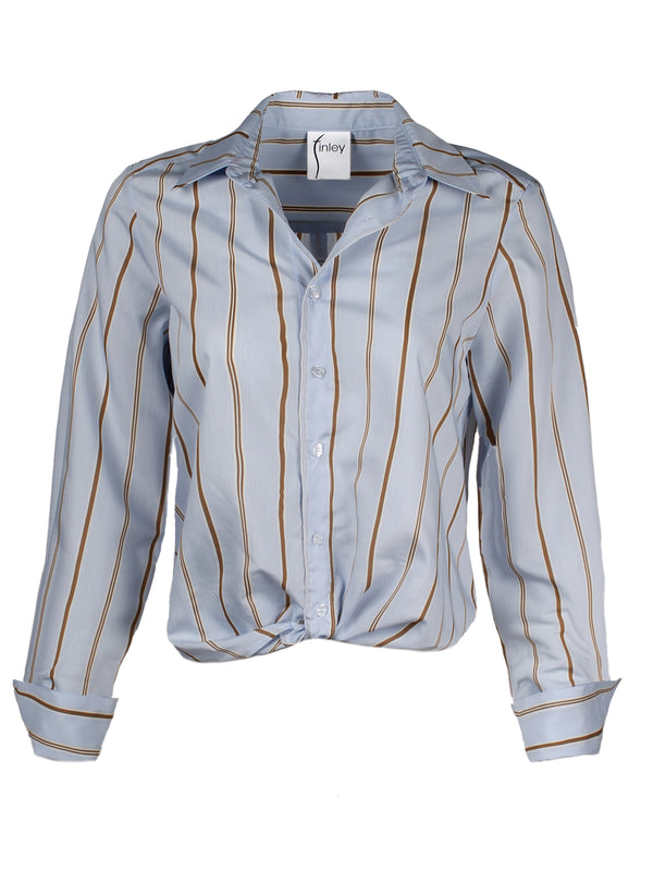 A front view of the Moxie blouse, a button-down womens shirt with blue, tan, and white stripes and a tailored fit.