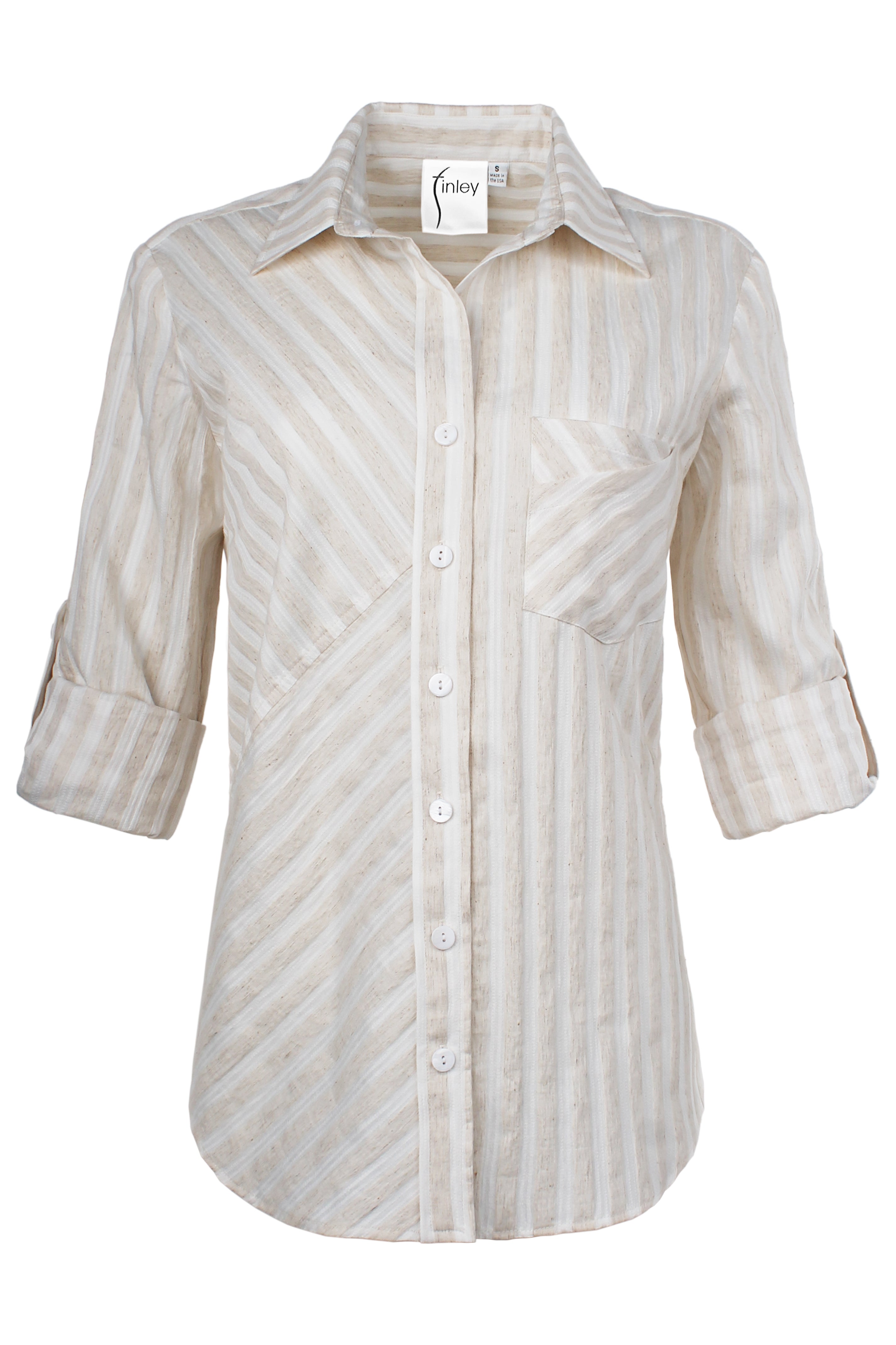 Teigan Semi-Fitted Front Pocket Blouse, Natural Stripe