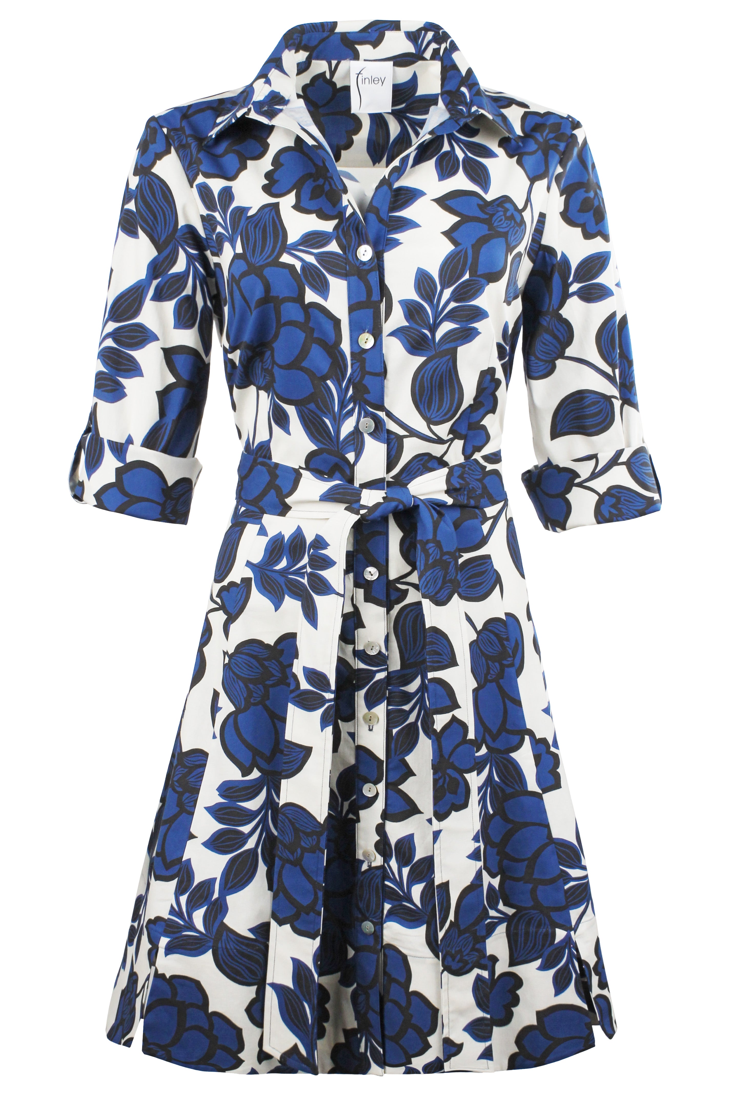 Tailored Blue floral dress with self belt on a white background