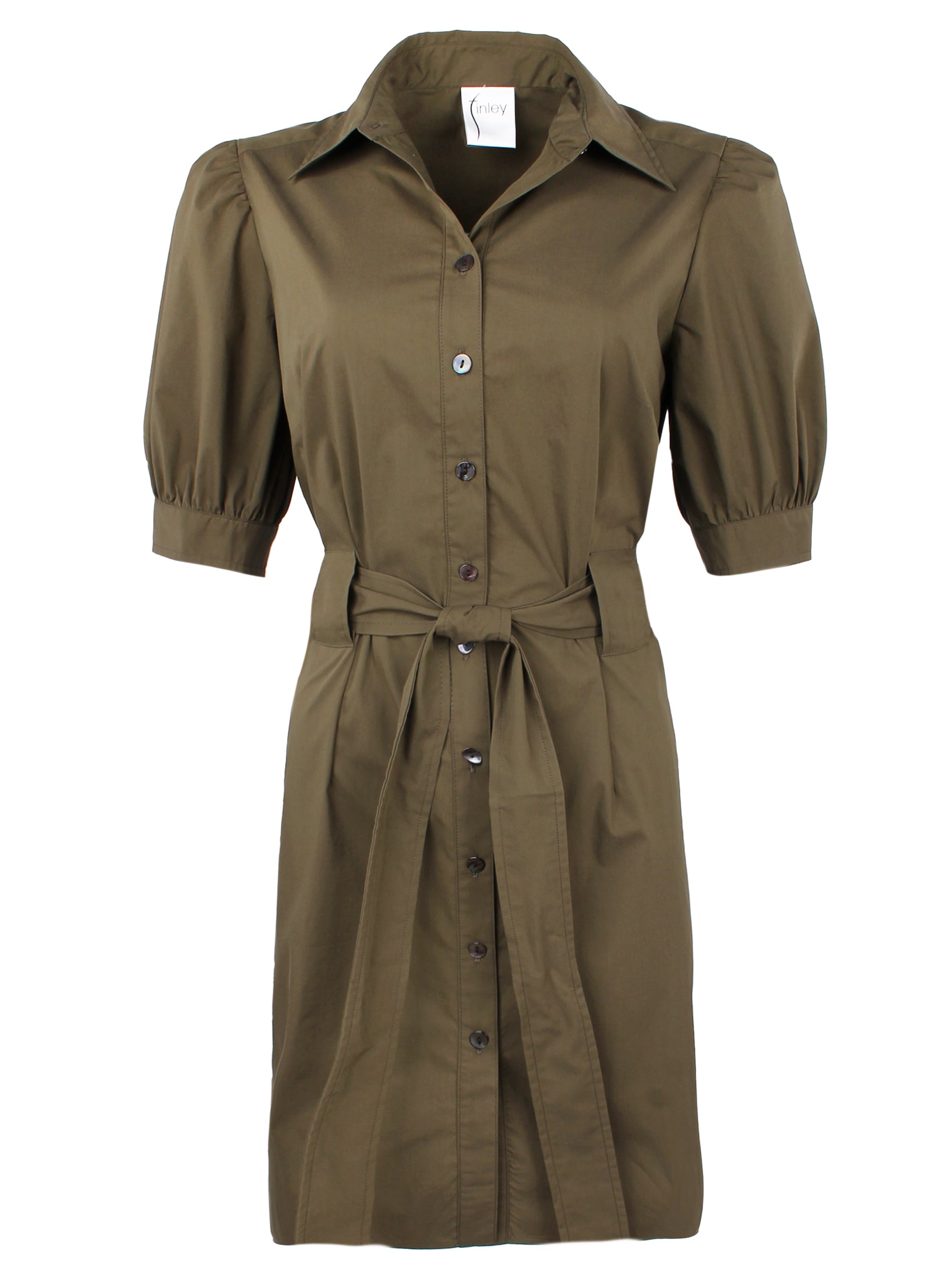A front view of the Finley Piper dress, an olive green midi tie-front shirt dress with a fitted shape and short sleeves.
