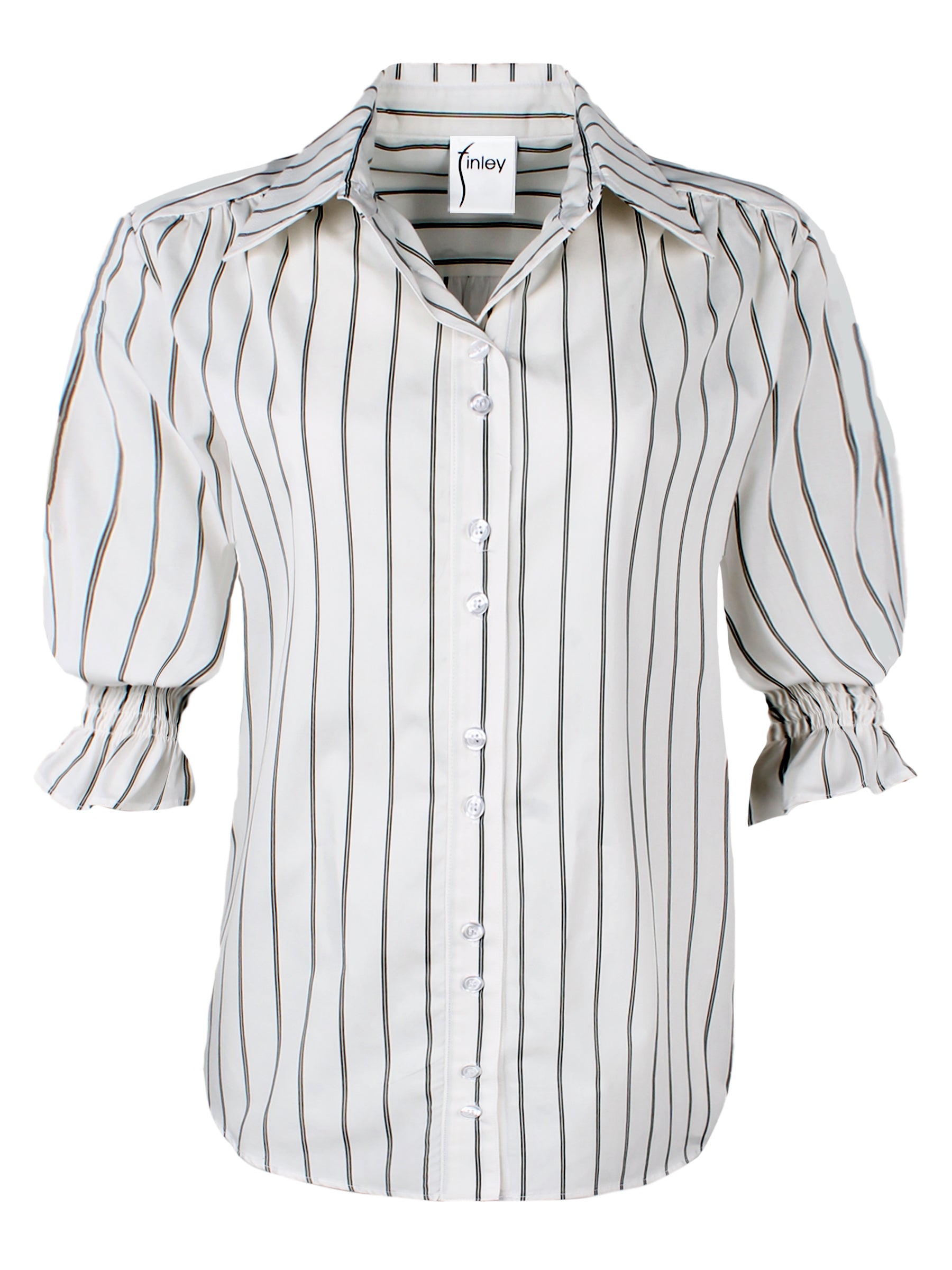 A front view of the Finley Sirena blouse, a button-down cotton blouse with short puff sleeves and an olive pinstripe pattern.