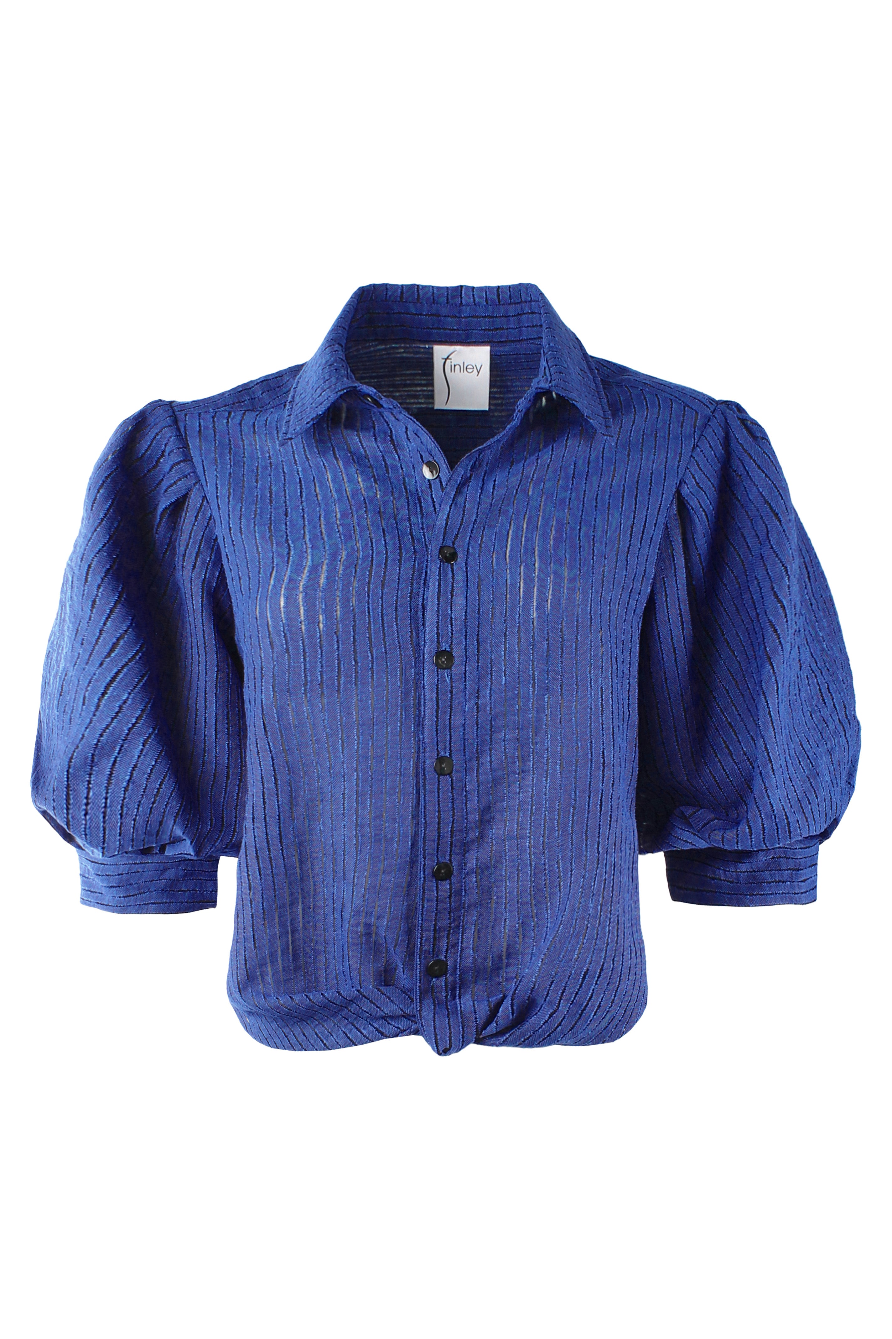 GAMEDAY!!  Bomba Twist-Hem Short Sleeve Shirt, Blue Open Weave Stripe