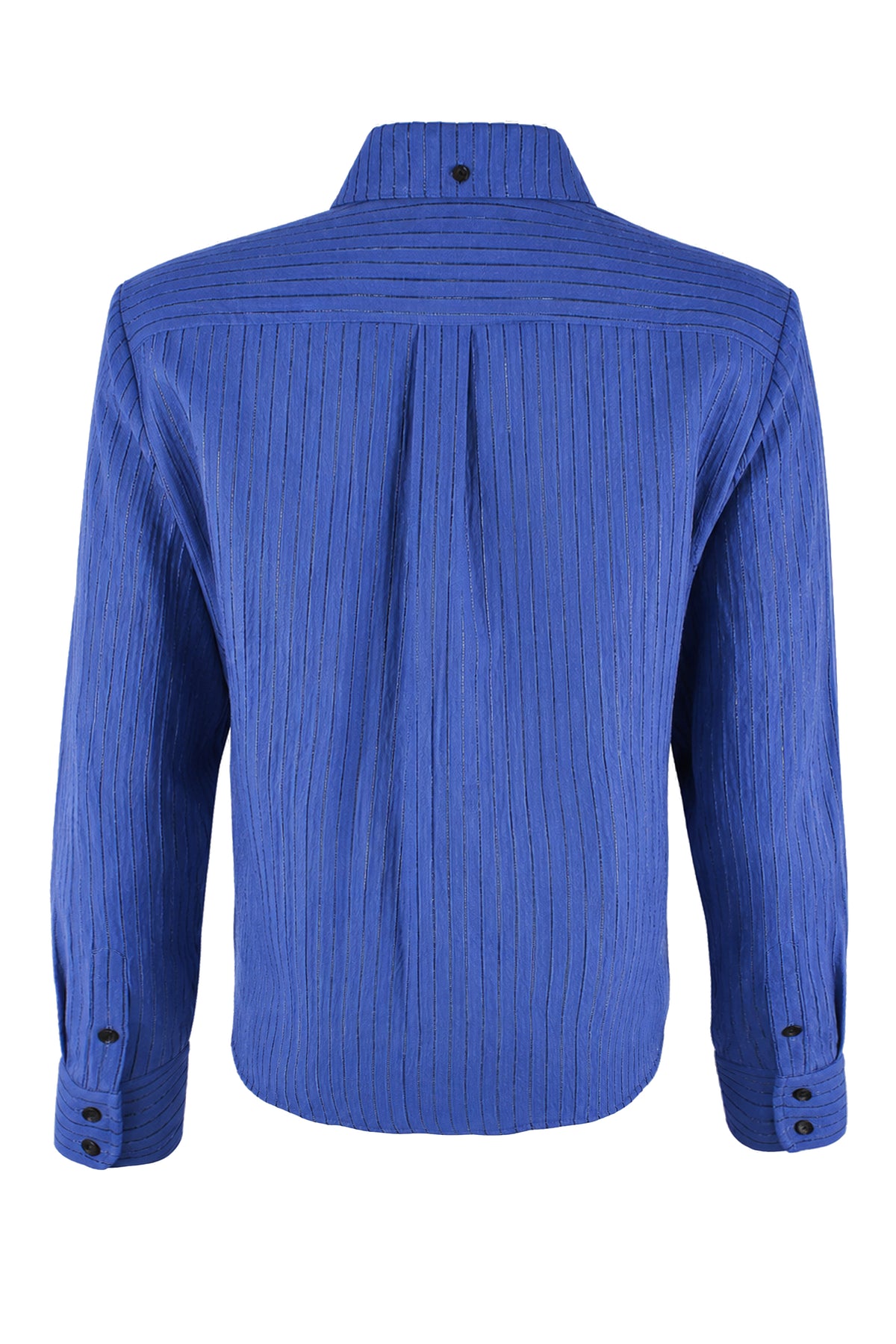A royal blue long-sleeve button-down shirt with a textured vertical pleated pattern, shown from the back on a white background.