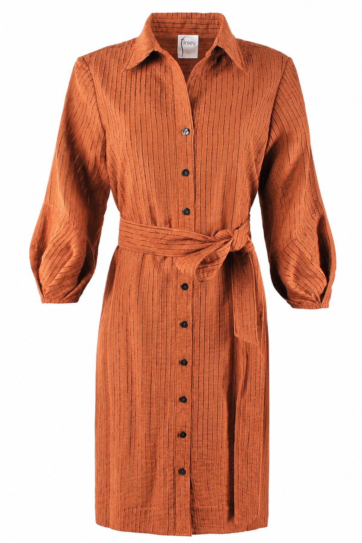 An orange-brown textured long-sleeve shirt dress with a button-down front, collar, and matching waist tie, shown on a plain white background.