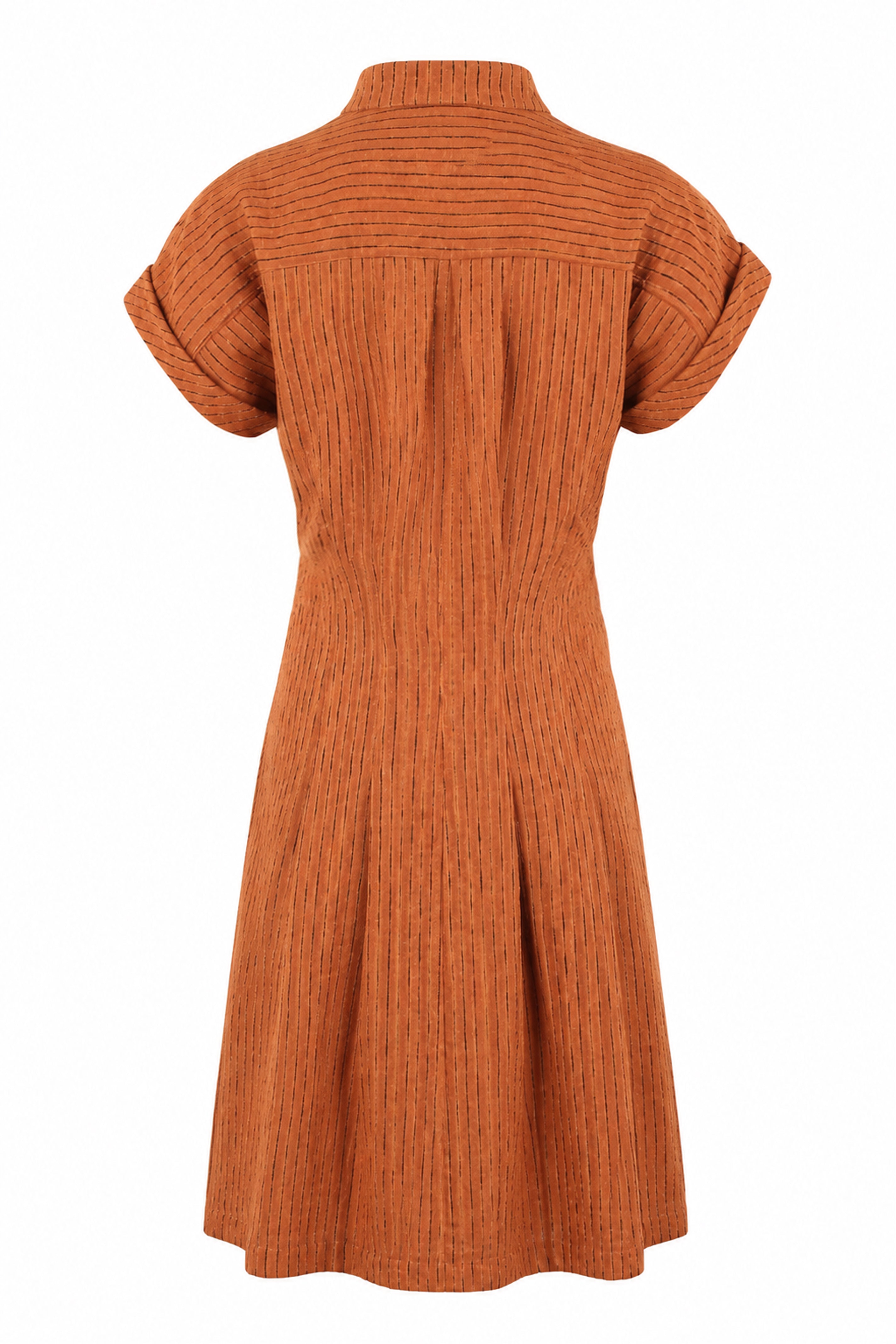 An orange short-sleeve dress with a textured vertical ribbed knit pattern, shown from the back against a plain white background.