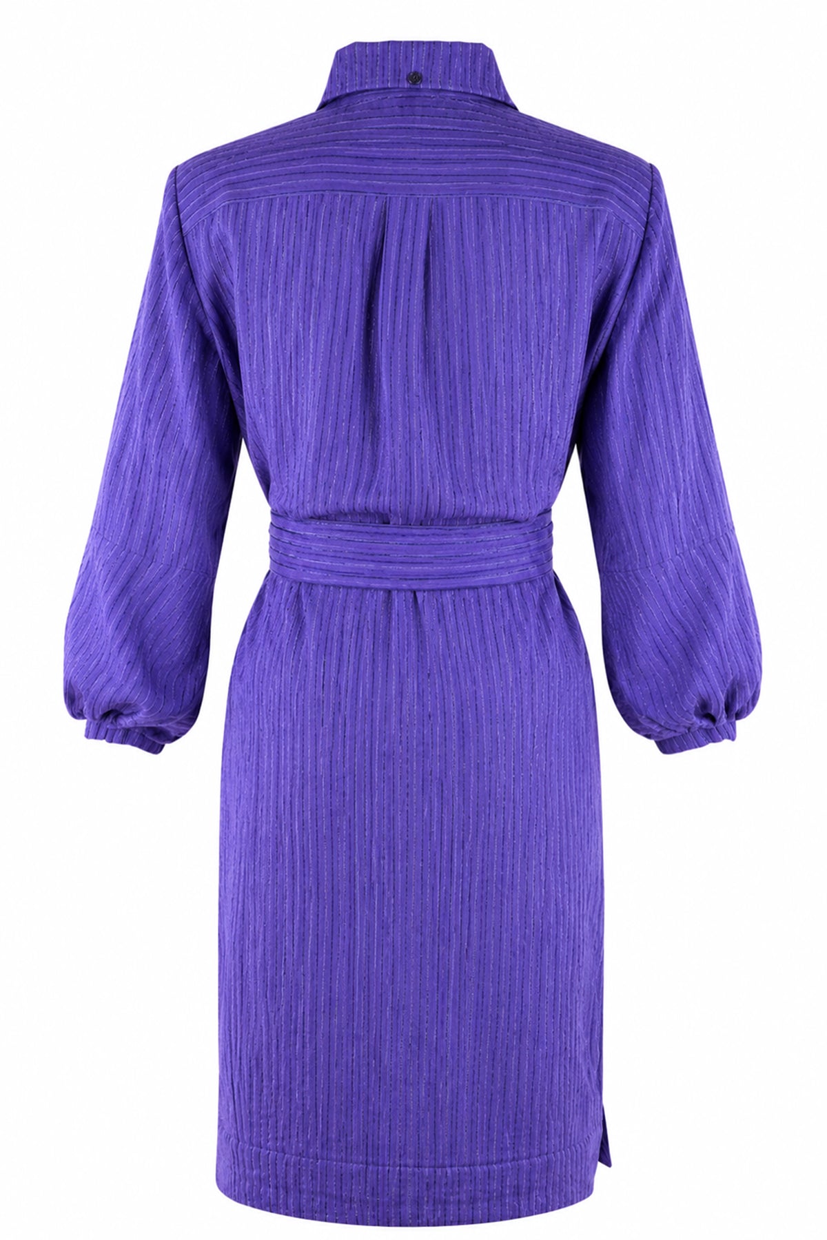 A purple crinkled cotton dress with a high collar, long sleeves, and a matching fabric tie belt at the waist, shown from the back on a white background.