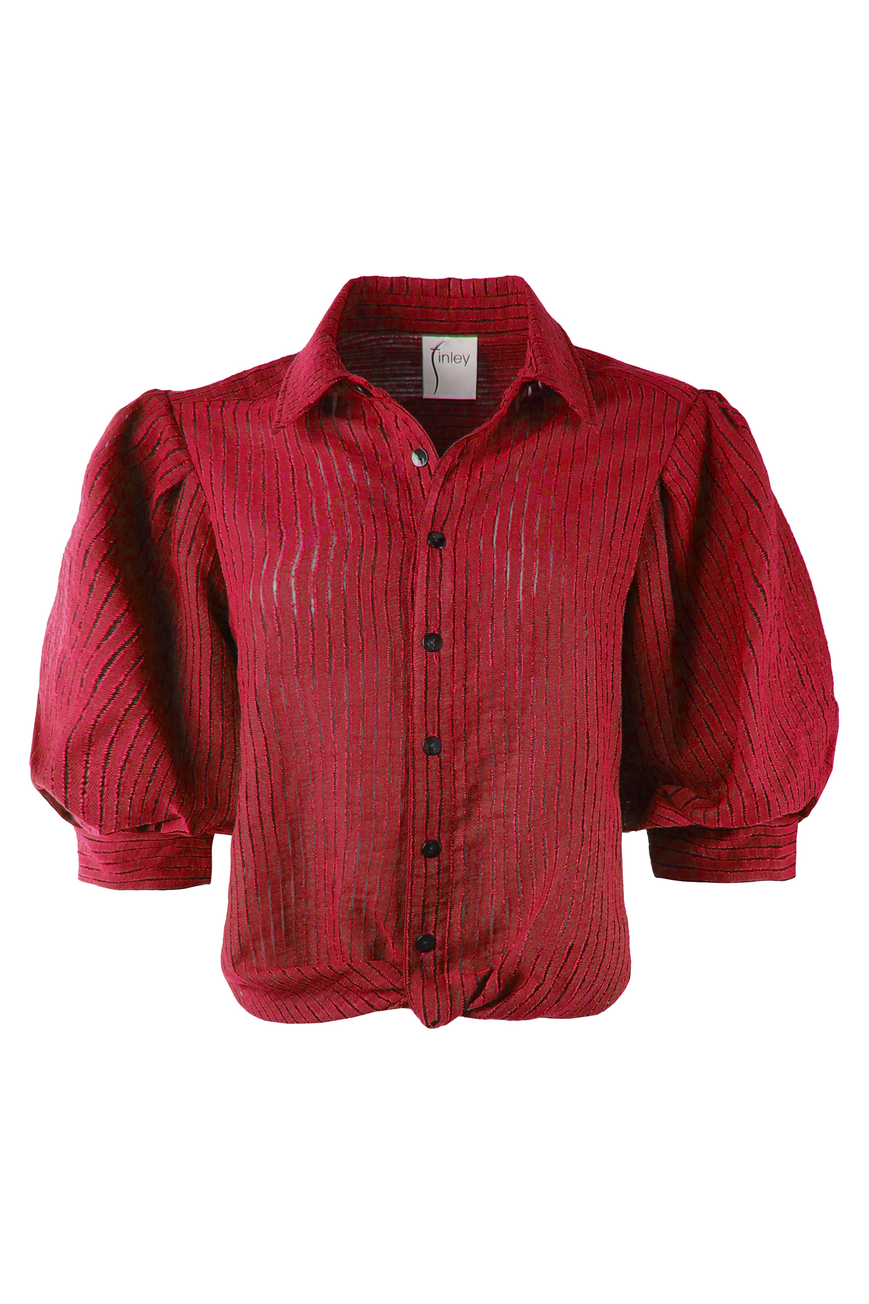 GAMEDAY!!  Bomba Twist-Hem Short Sleeve Shirt, Red Open Weave Stripe