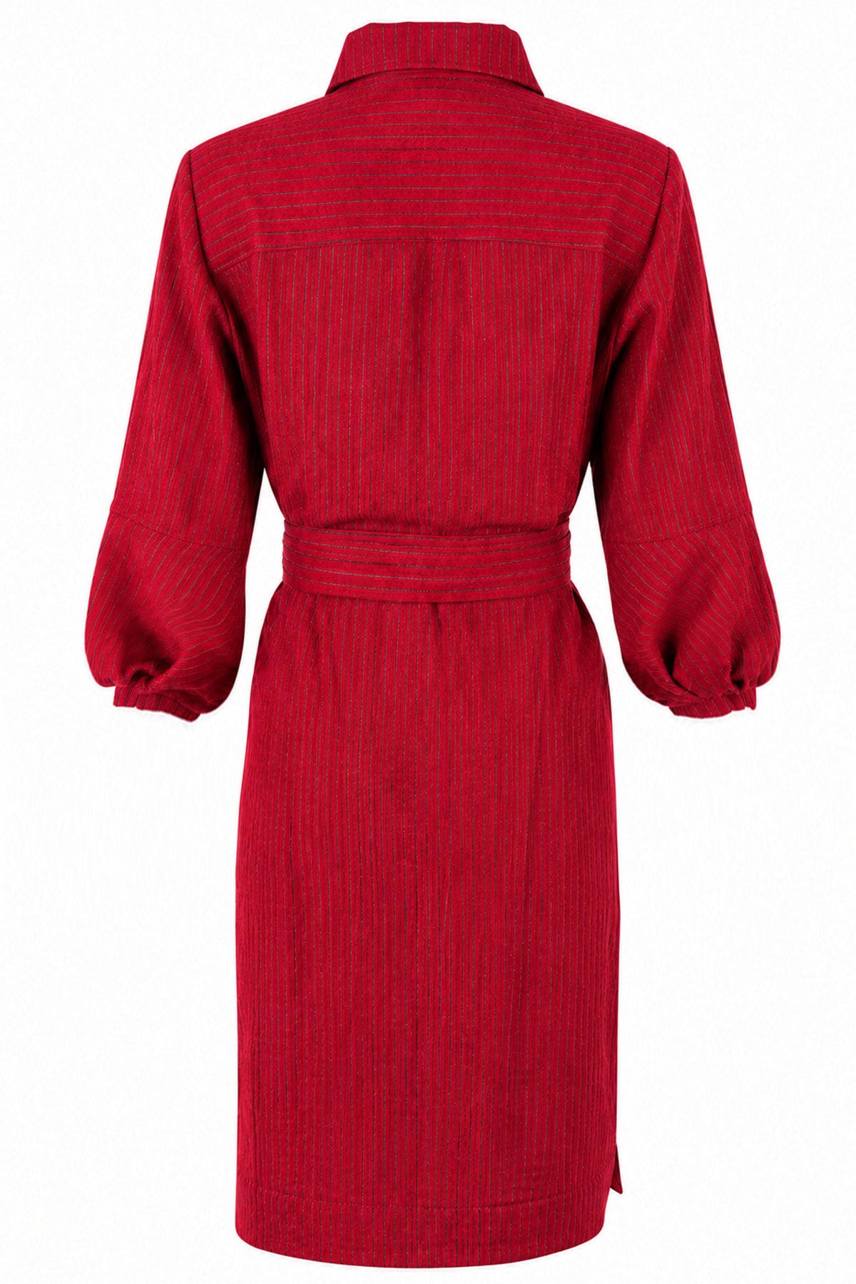 A red long-sleeve collared dress with a matching waist belt, shown from the back on a plain white background.