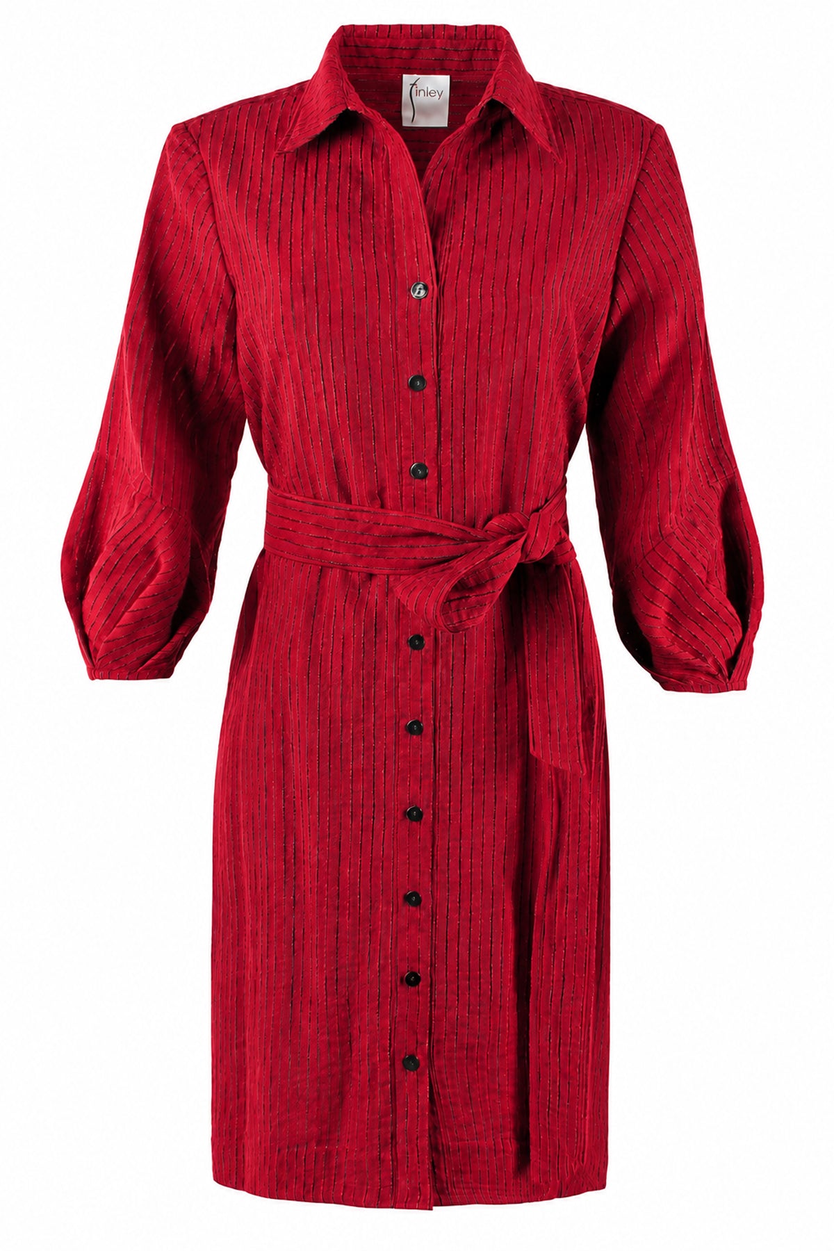 A red textured corduroy shirt dress with a button-down front, collar, and matching tie belt, shown on a plain white background.