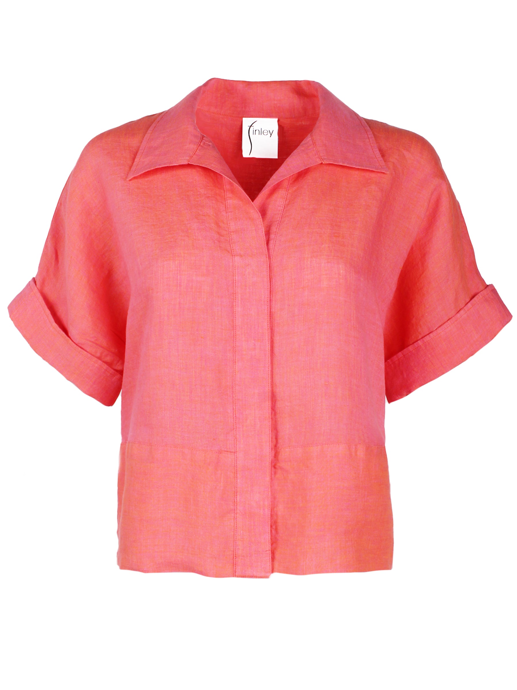 A front view of the Finley Bennet blouse, a cropped washed linen blouse with drop shoulders and an oversize contour.