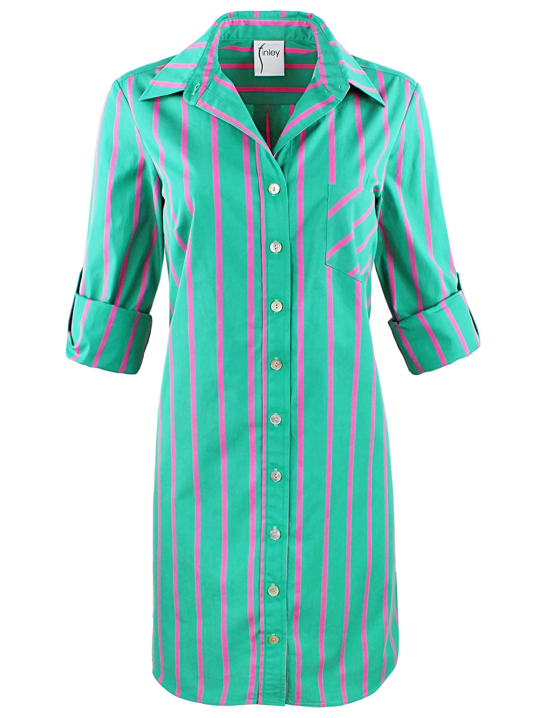 Front view of Finley Alex green and pink striped shirt dress with button front, breast pocket, and shirttail hem.
