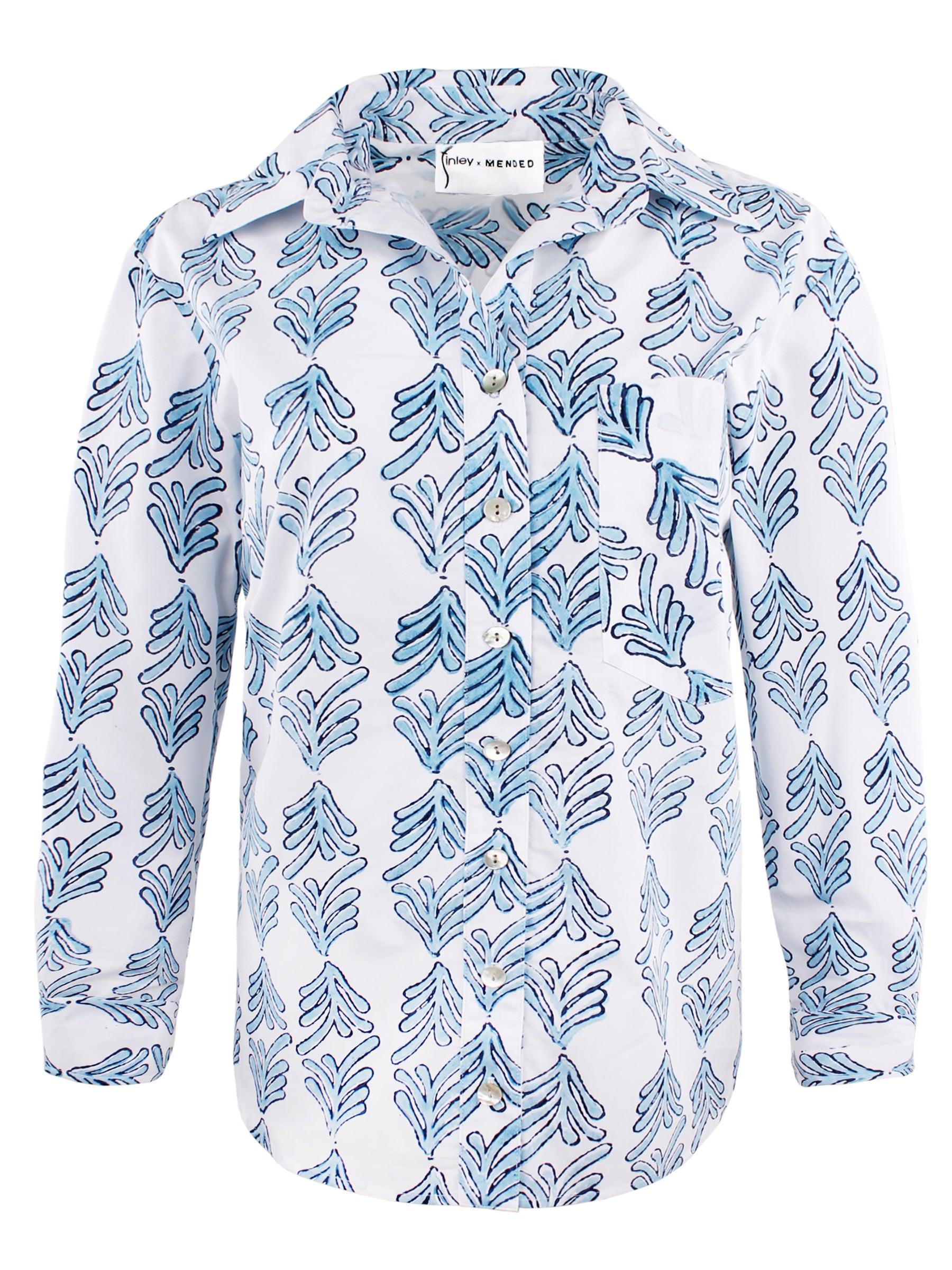 Front view of Finley Andie button-down shirt: blue hand block print, point collar, long sleeves, chest pocket, shirttail hem.
