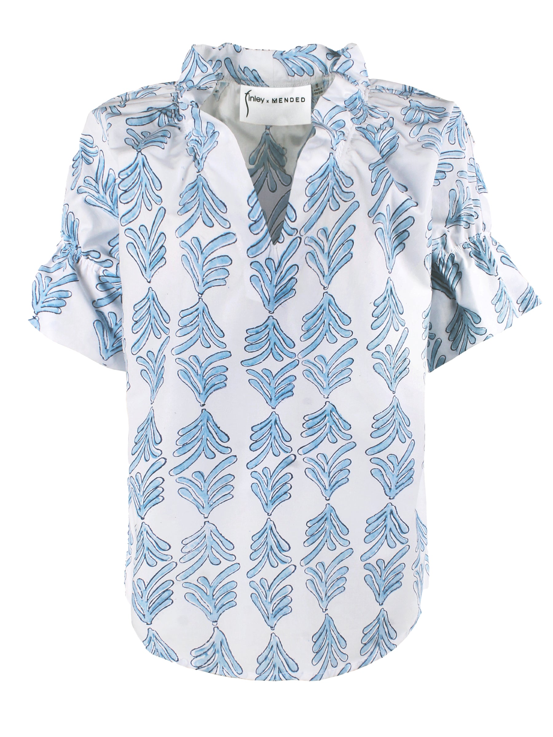 Front view of Finley Crosby blue hand-block print cotton shirt with ruffle trim neckline, V neck, short bell sleeves.
