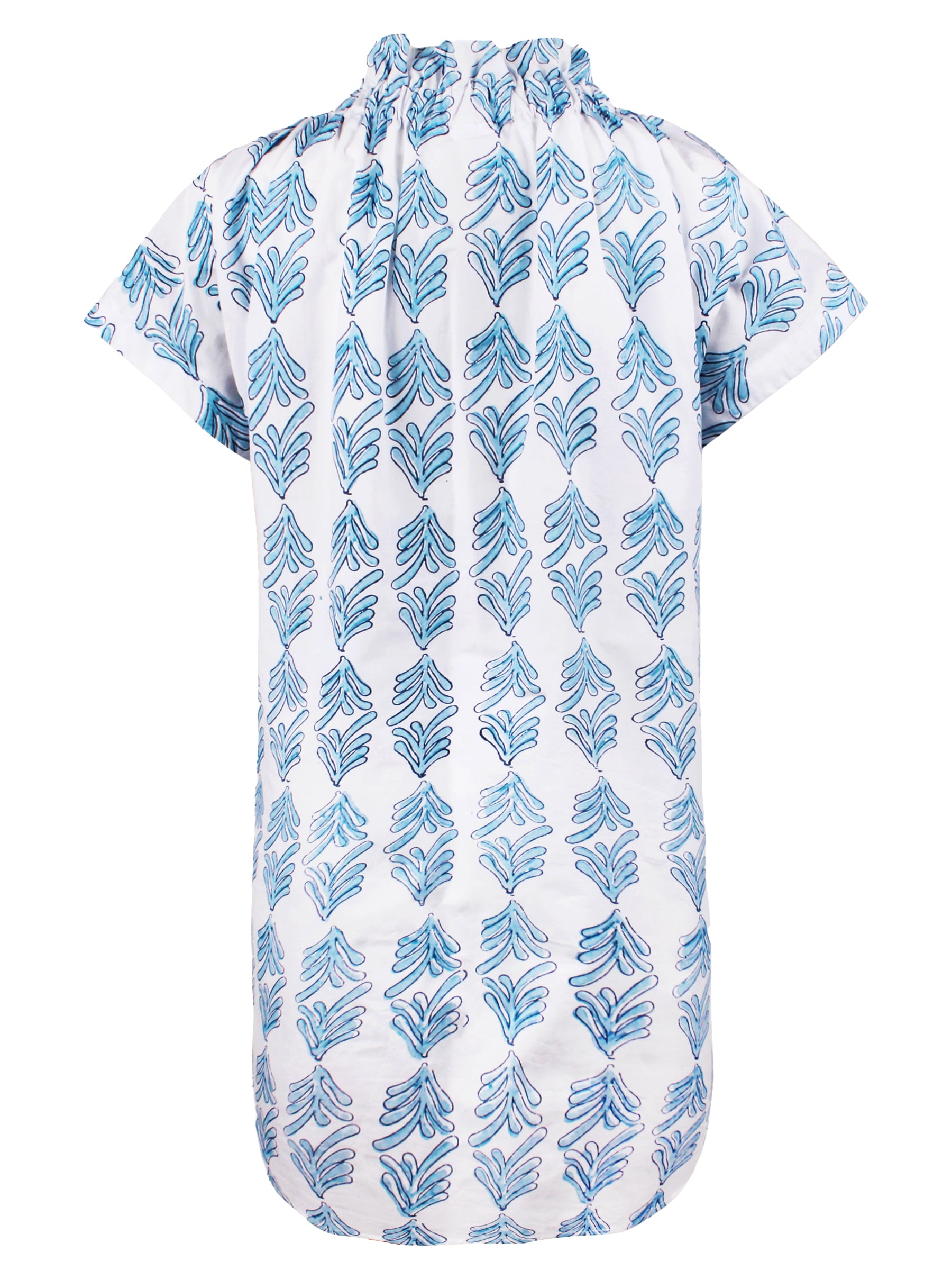 Back view of Finley Jenny green hand-block print shirt dress with ruched back and shirttail hem. Shift silhouette.