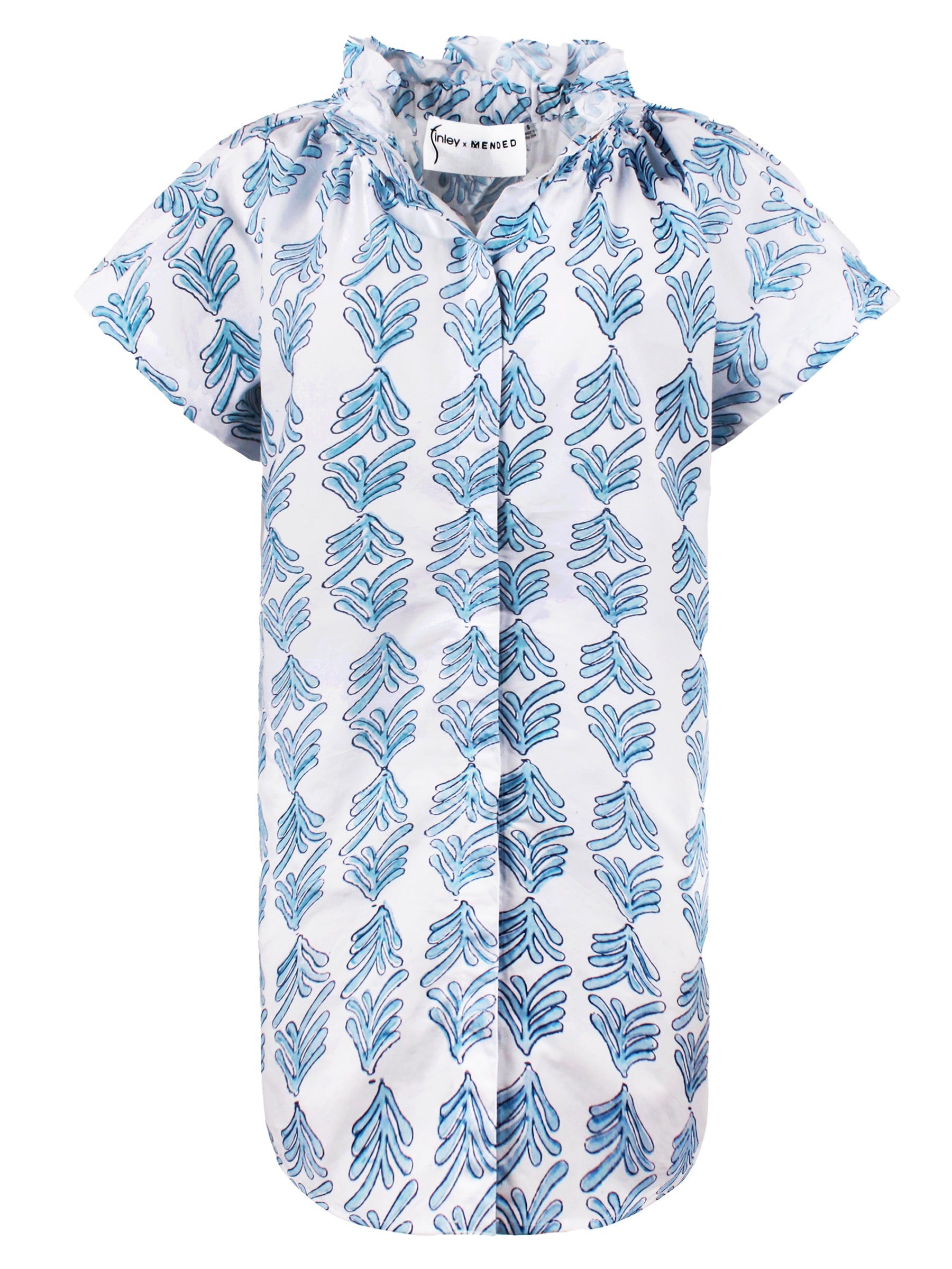 Front view of Finley Jenny shirt dress: green hand-block print, stand collar, concealed buttons, cap sleeves, knee-length.
