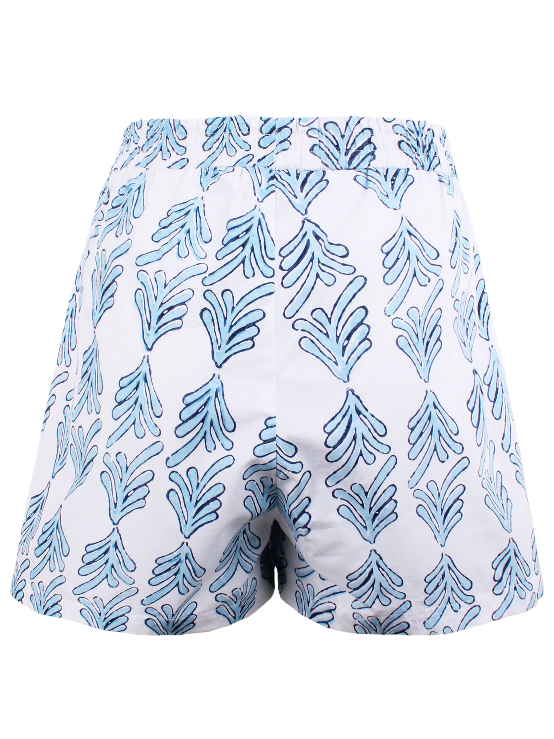 Back view of Finley Seaside Short in blue hand block printed cotton. Elasticized waistband, 3" inseam.
