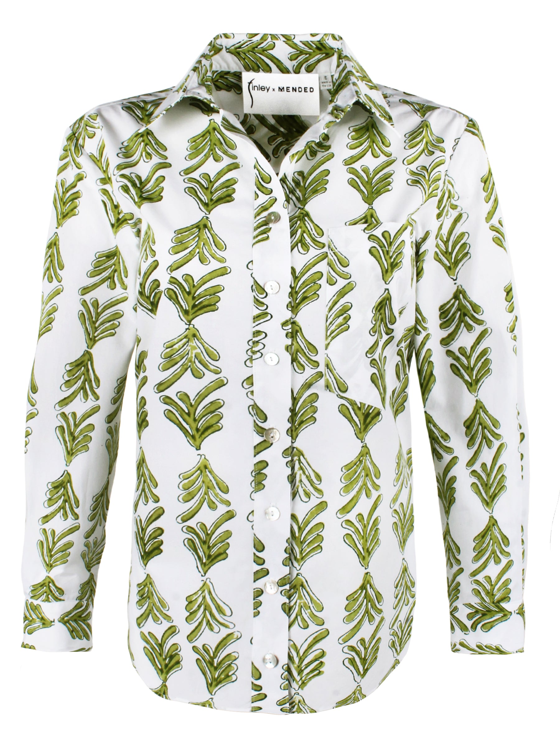 Front view of Finley Andie button-down shirt in green hand block printed cotton. Point collar, long sleeves, chest pocket, shirttail hem.
