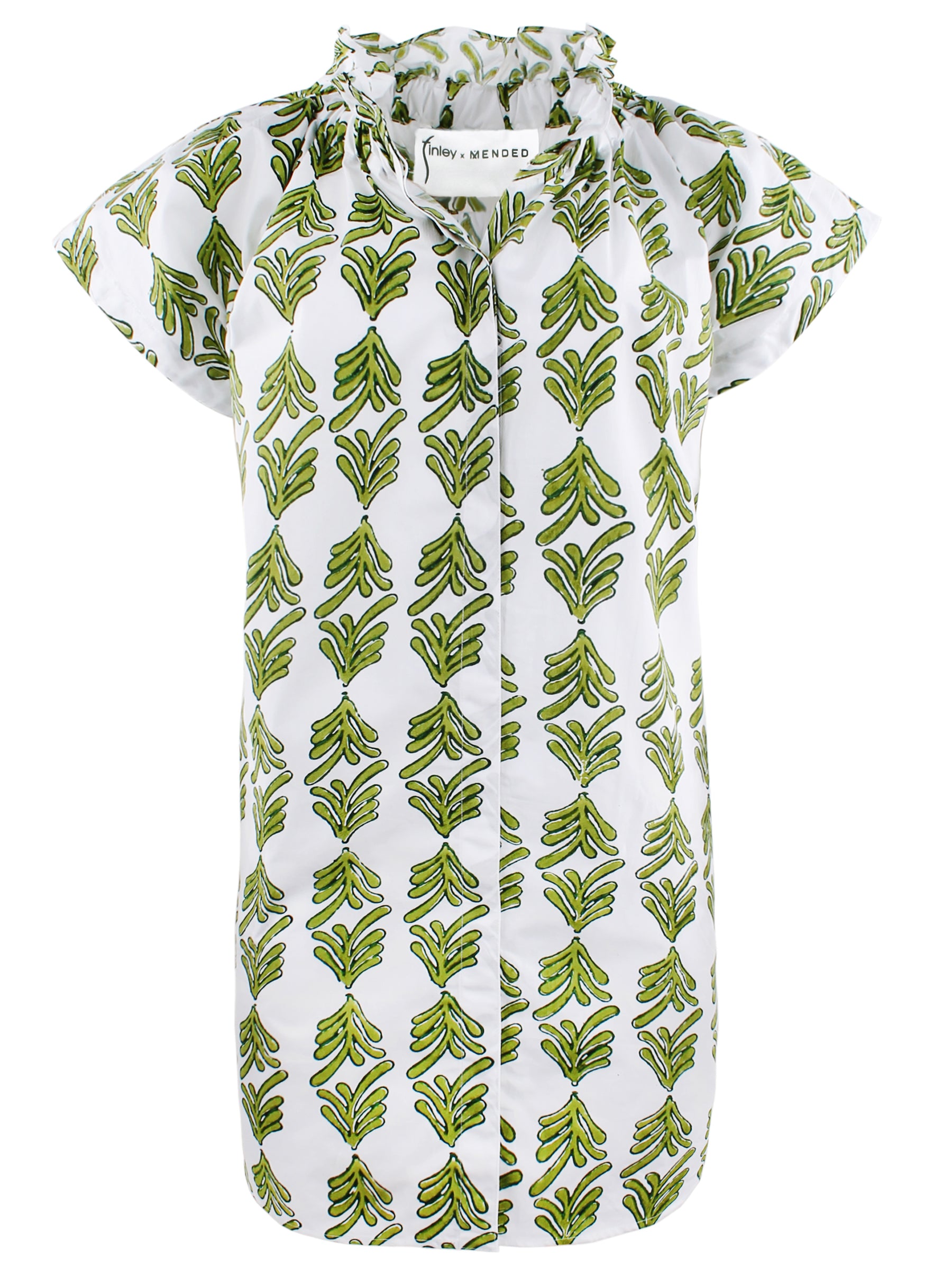 Front view of Finley Jenny shirt dress: green hand-block print, stand collar, concealed buttons, cap sleeves, knee-length.
