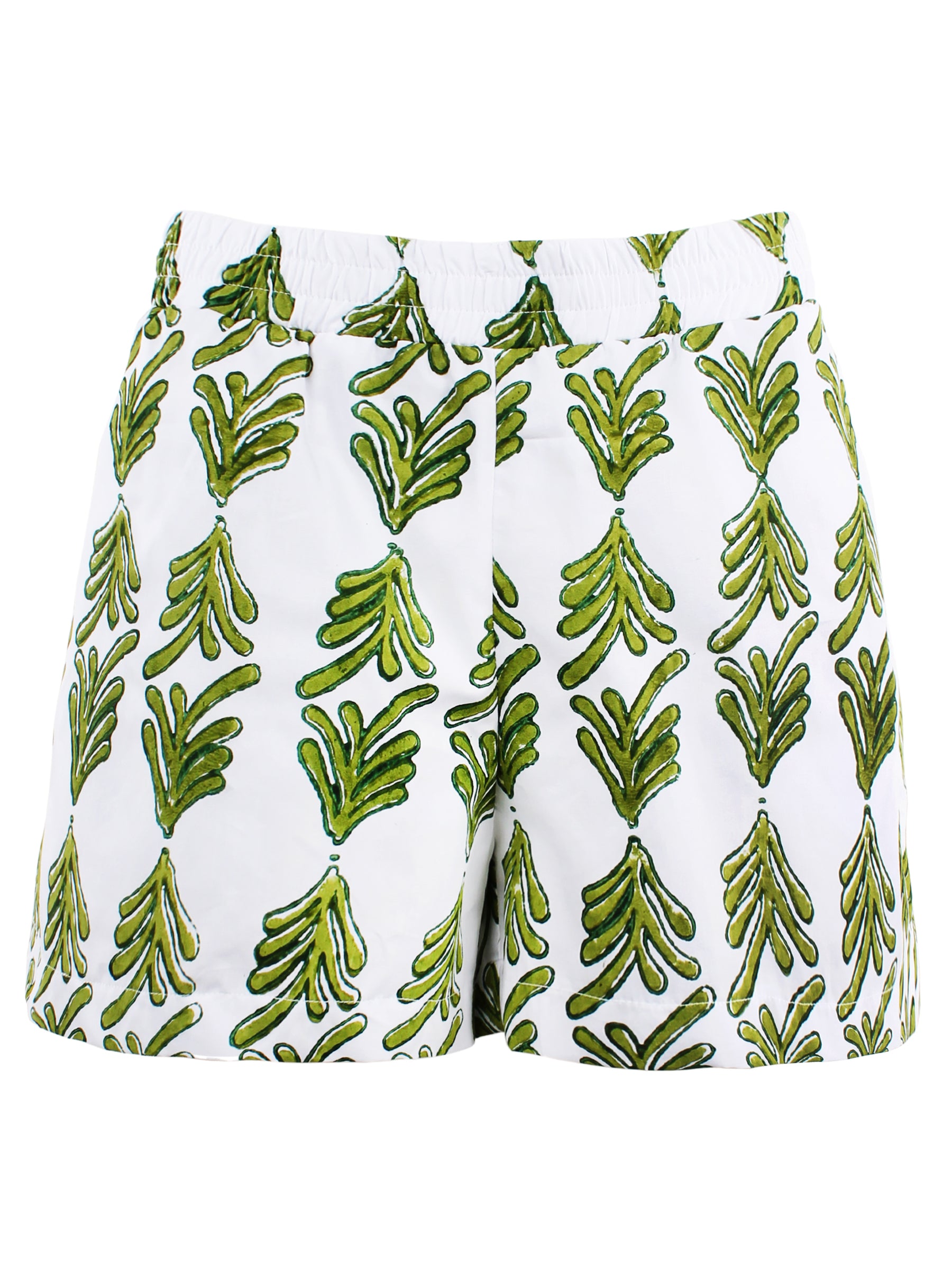 Front view of Finley Seaside Short in green hand block printed cotton. Pull-on style with elasticized waistband and side pockets.
