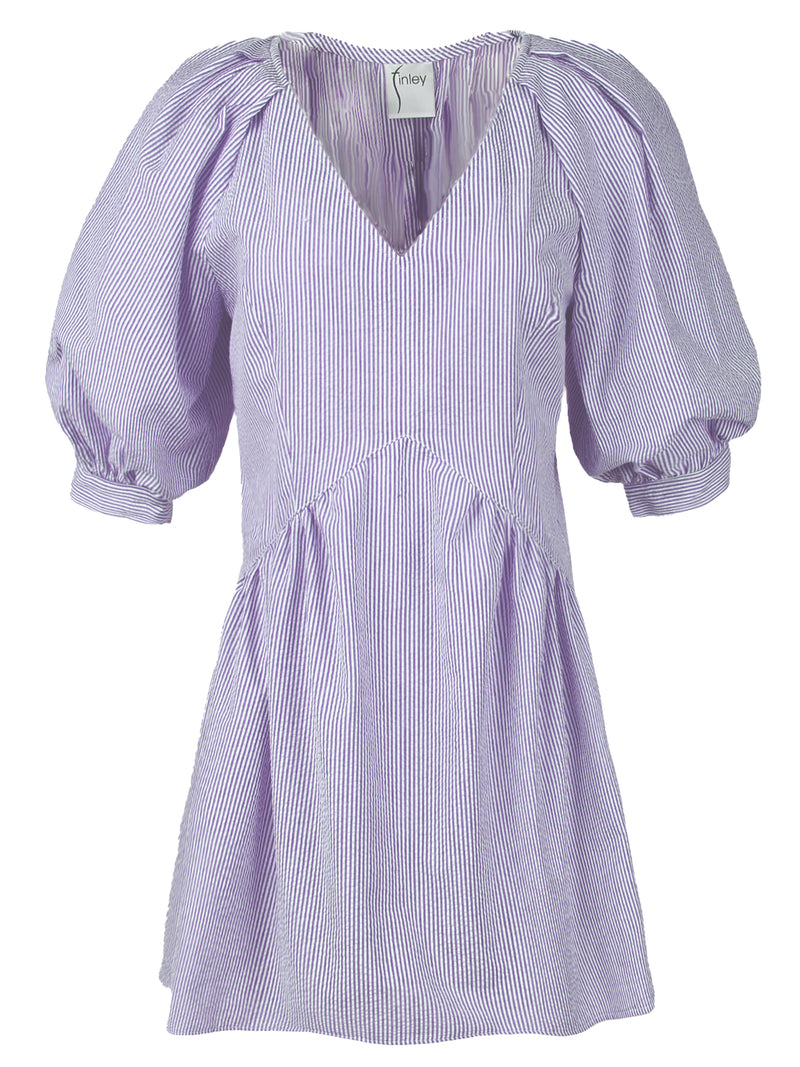 Front view of the Pip mini dress, a purple stripe shortsleeve v-neck popover mini dress with puff blouson sleeves.
