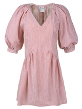 Front view of the Pip mini dress, a red stripe shortsleeve v-neck popover mini dress with puff blouson sleeves.