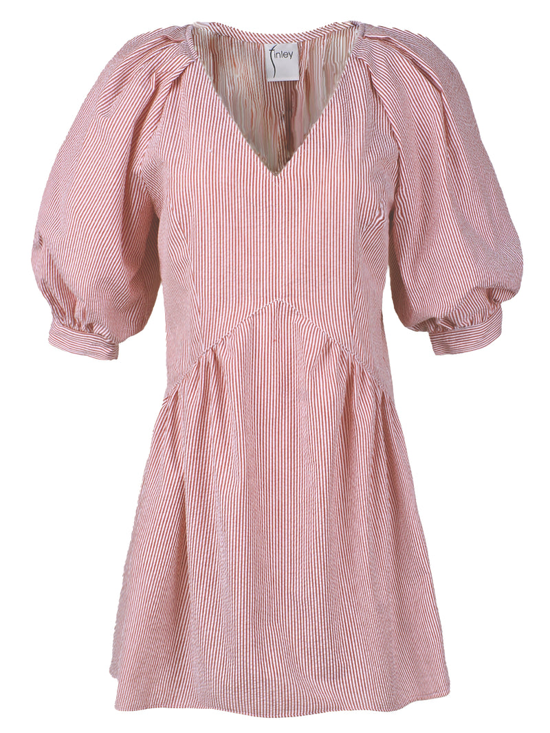 Front view of the Pip mini dress, a red stripe shortsleeve v-neck popover mini dress with puff blouson sleeves.