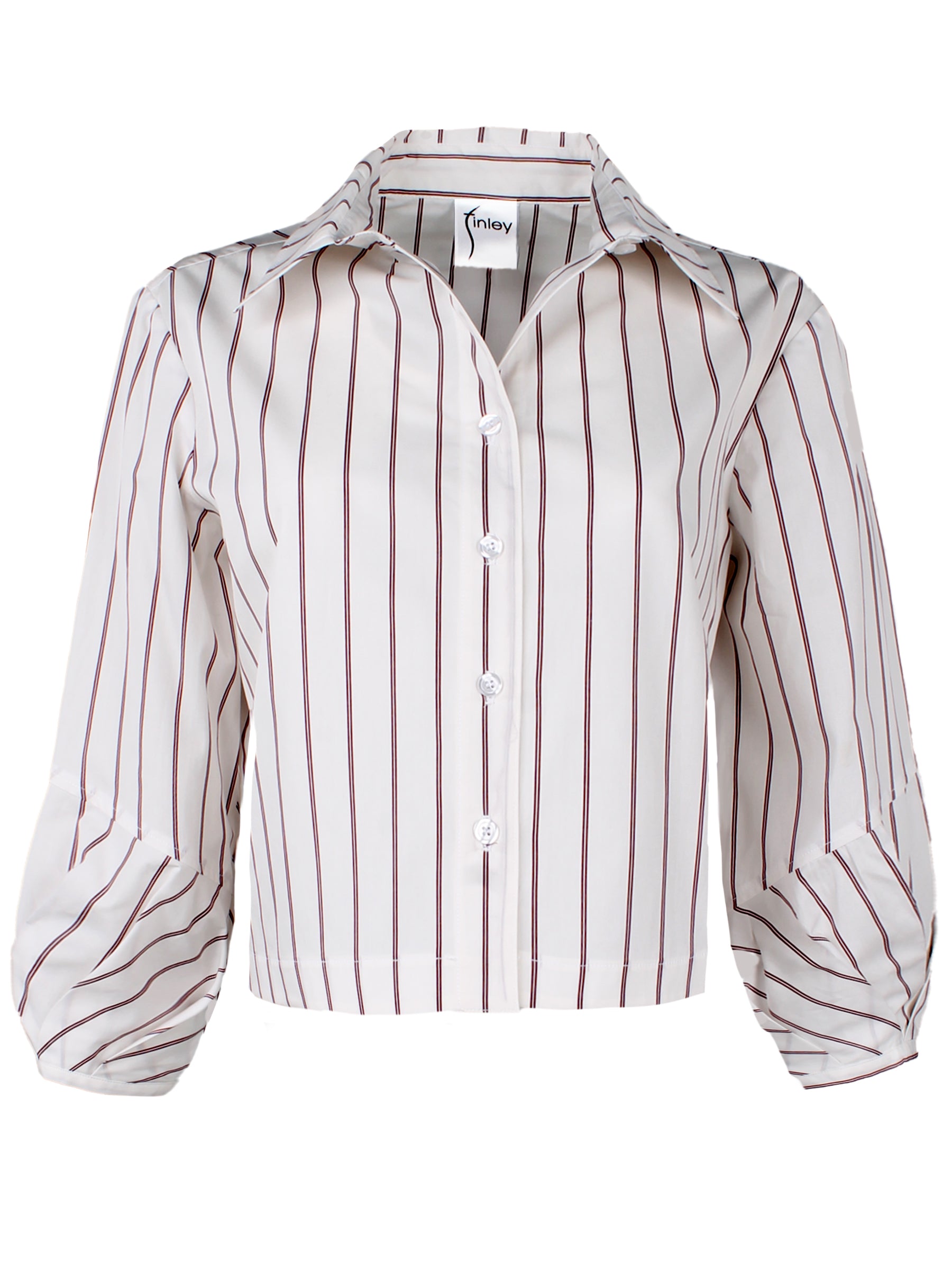 A front view of the Finley Emmy blouse, a cropped poplin shirt with pleated cuffs and red pinstripes.