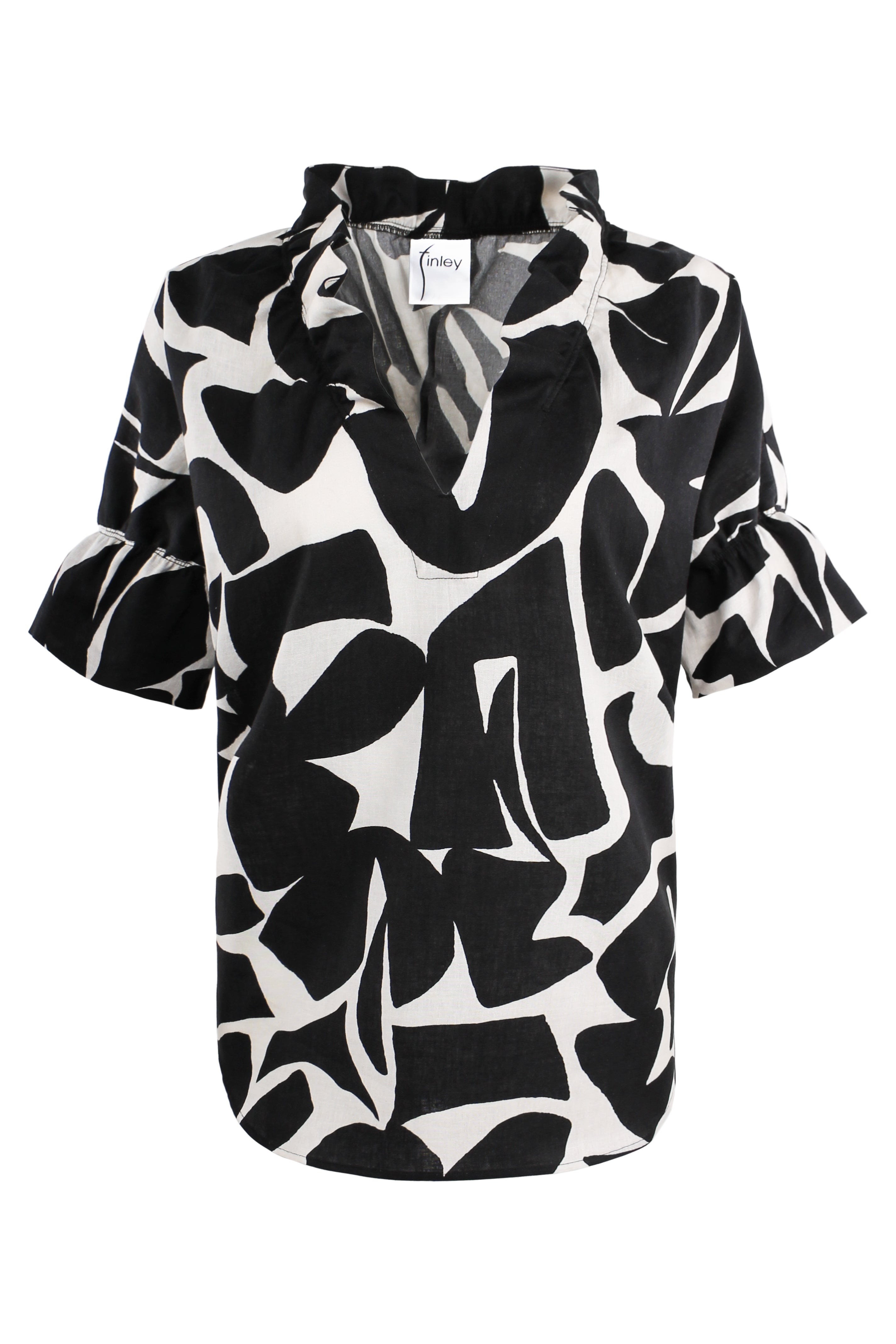 Crosby Ruffle-Sleeve Popover Shirt, Black/Natural Puzzle Print