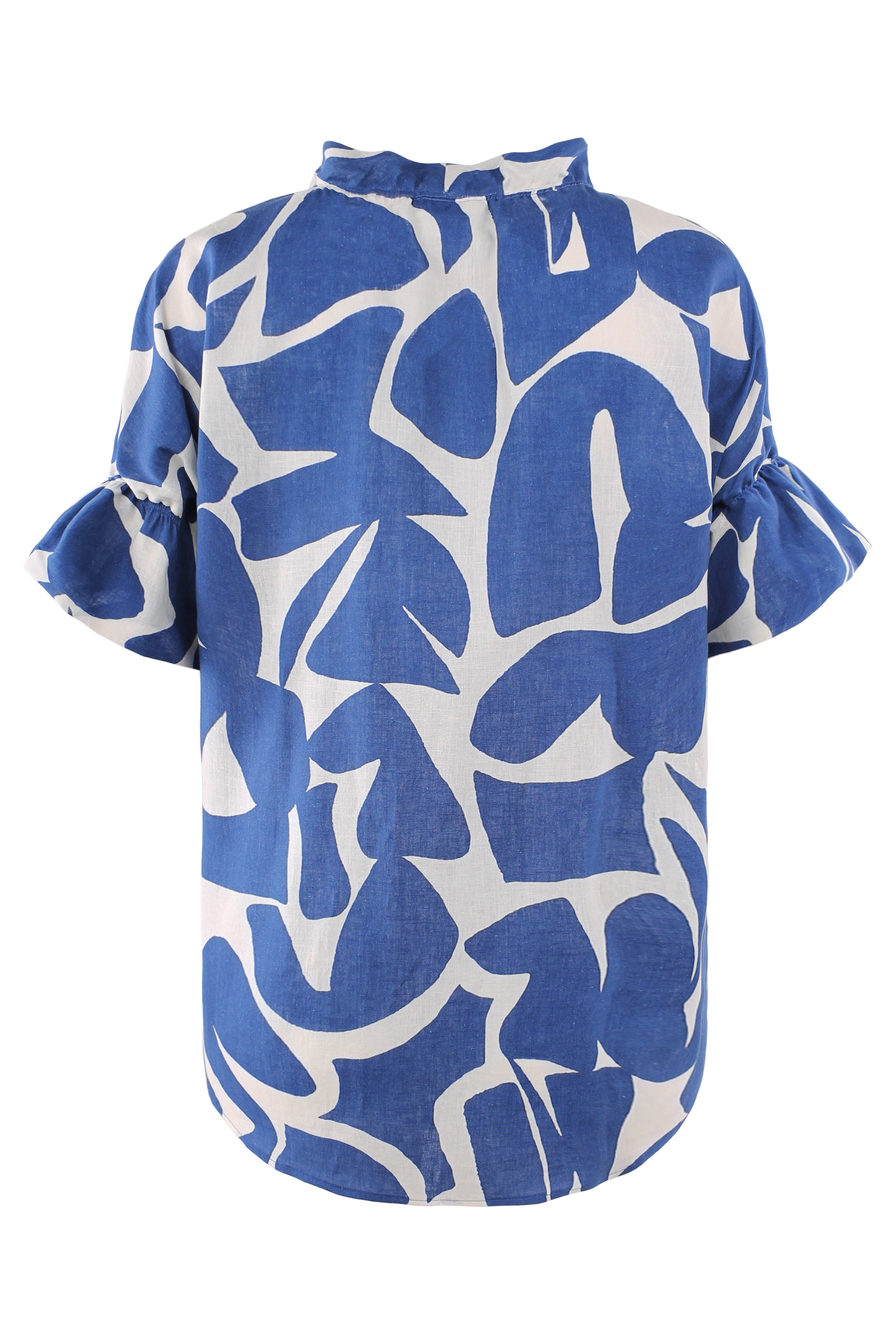 Crosby Ruffle-Sleeve Popover Shirt, Blue/Natural Puzzle Print