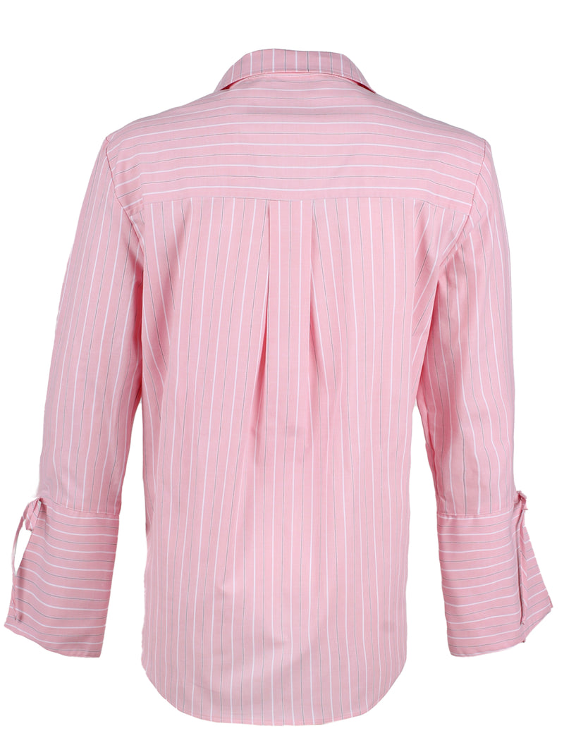 The Finley Rachel blouse, a pink & white striped cotton button-down women's blouse with self-tying cuffs.