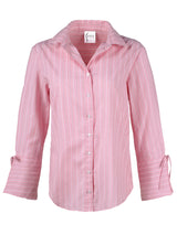 The Finley Rachel blouse, a pink & white striped cotton button-down women's blouse with self-tying cuffs.