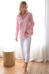 The Finley Rachel blouse, a pink & white striped cotton button-down women's blouse with self-tying cuffs.