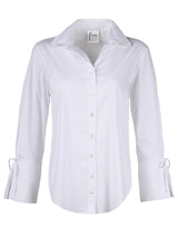 The Finley Rachel blouse, a white button-down women's poplin blouse with a point collar and self-tied cuffs.