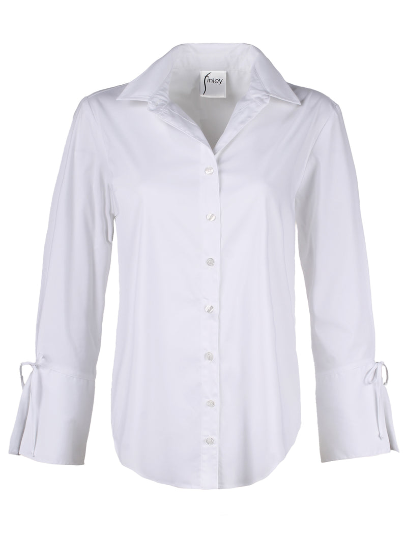 The Finley Rachel blouse, a white button-down women's poplin blouse with a point collar and self-tied cuffs.