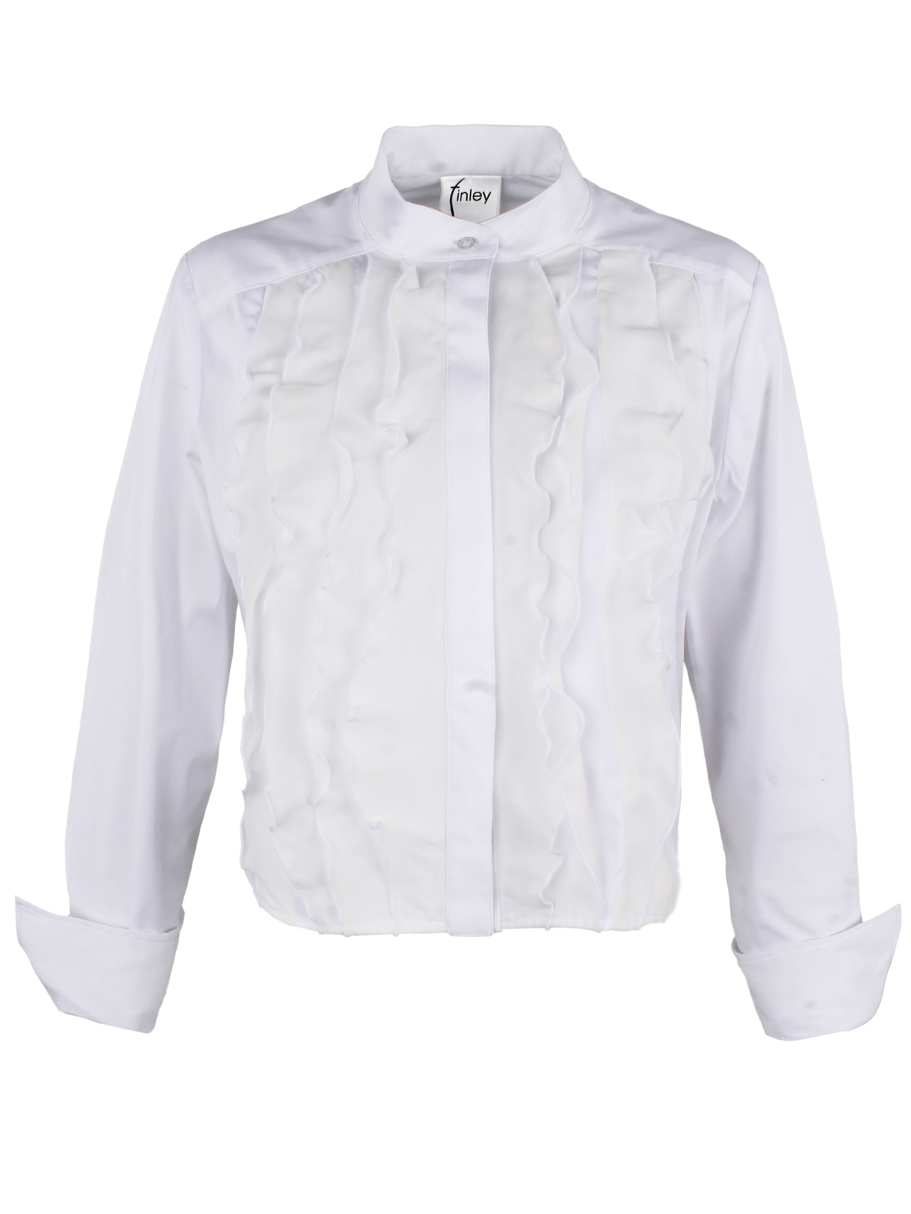 A front view of the Raffaele long sleeve blouse highlighting the cropped fit, white poplin and silk organza, mandarin collar, and fold-back cuffs.
