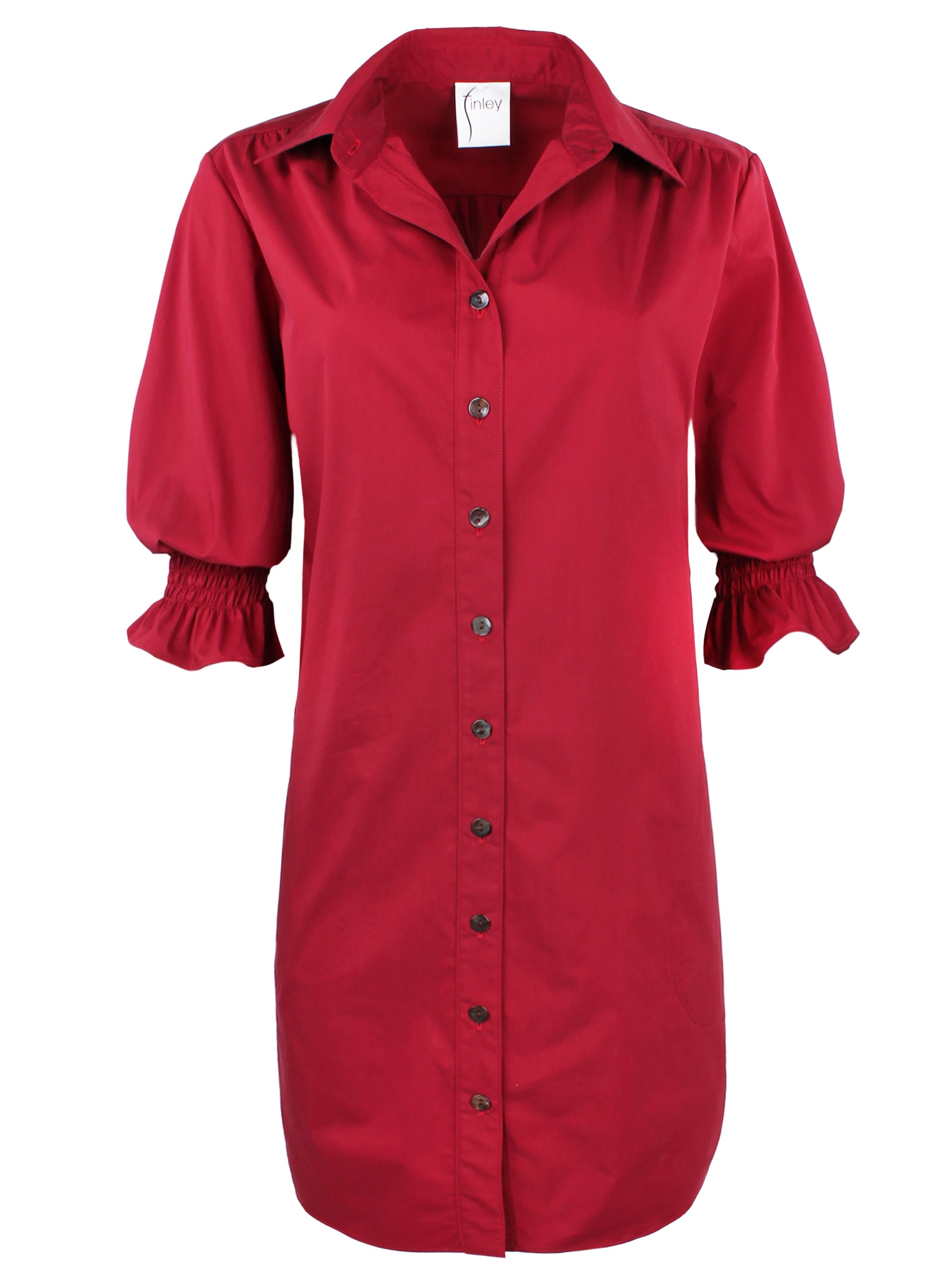 A front view of the Finley Miller dress, a red weathercloth midi shirt dress with puff sleeves and a relaxed contour.