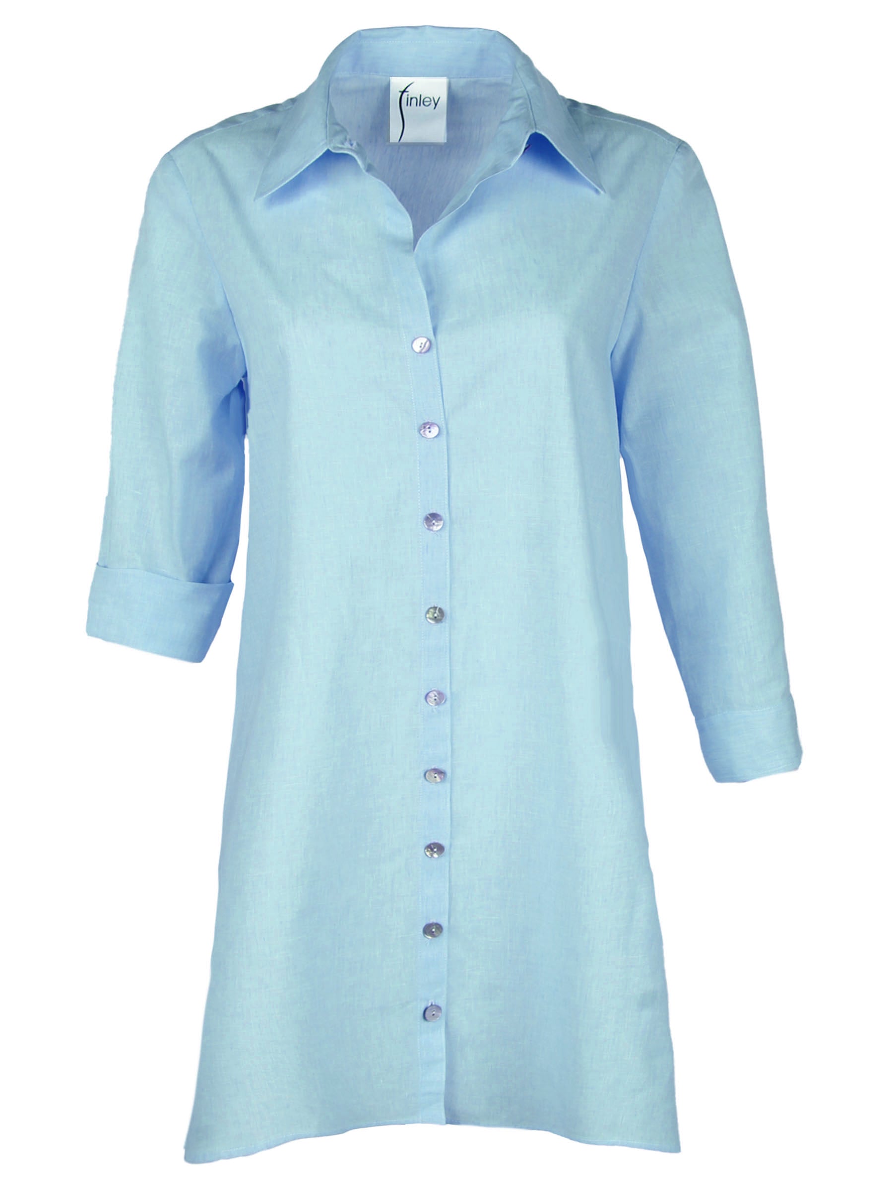 A front view of the Finley Trapeze shirt dress, a relaxed fit oxford fabric shirt dress in teal.