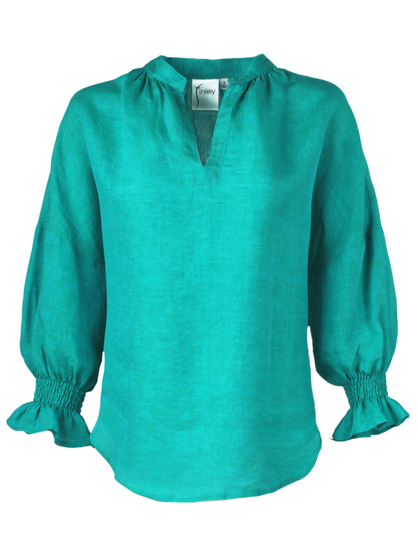 A front view of the Finley Rex top, an emerald green washed linen popover puff sleeve blouse.