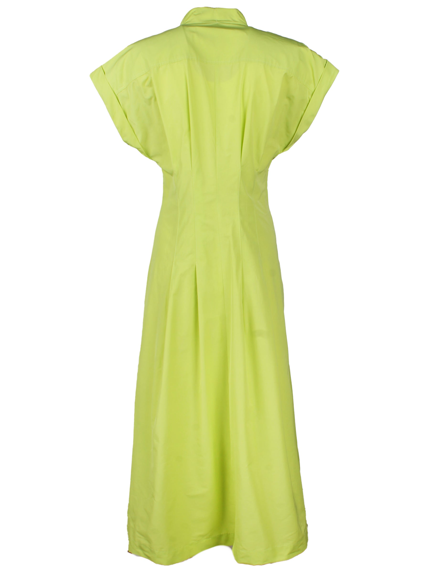 The back view of the Rocky tie-front maxi dress in taffeta with short cap sleeves, A-line silhouette, and fit-and-flare design.
