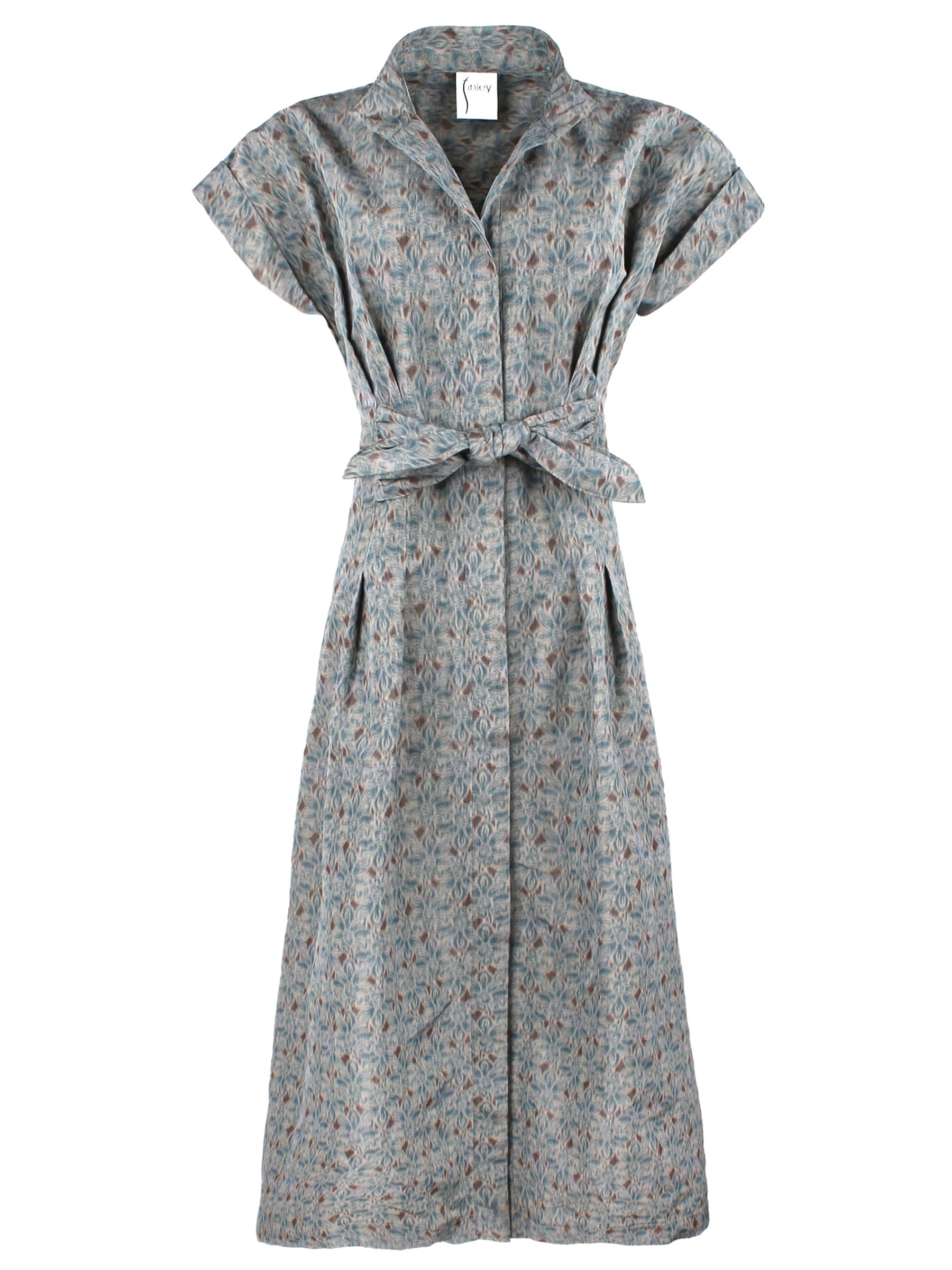 The front view of the Rocky tie-front maxi dress in taffeta with short cap sleeves, A-line silhouette, and fit-and-flare design.
