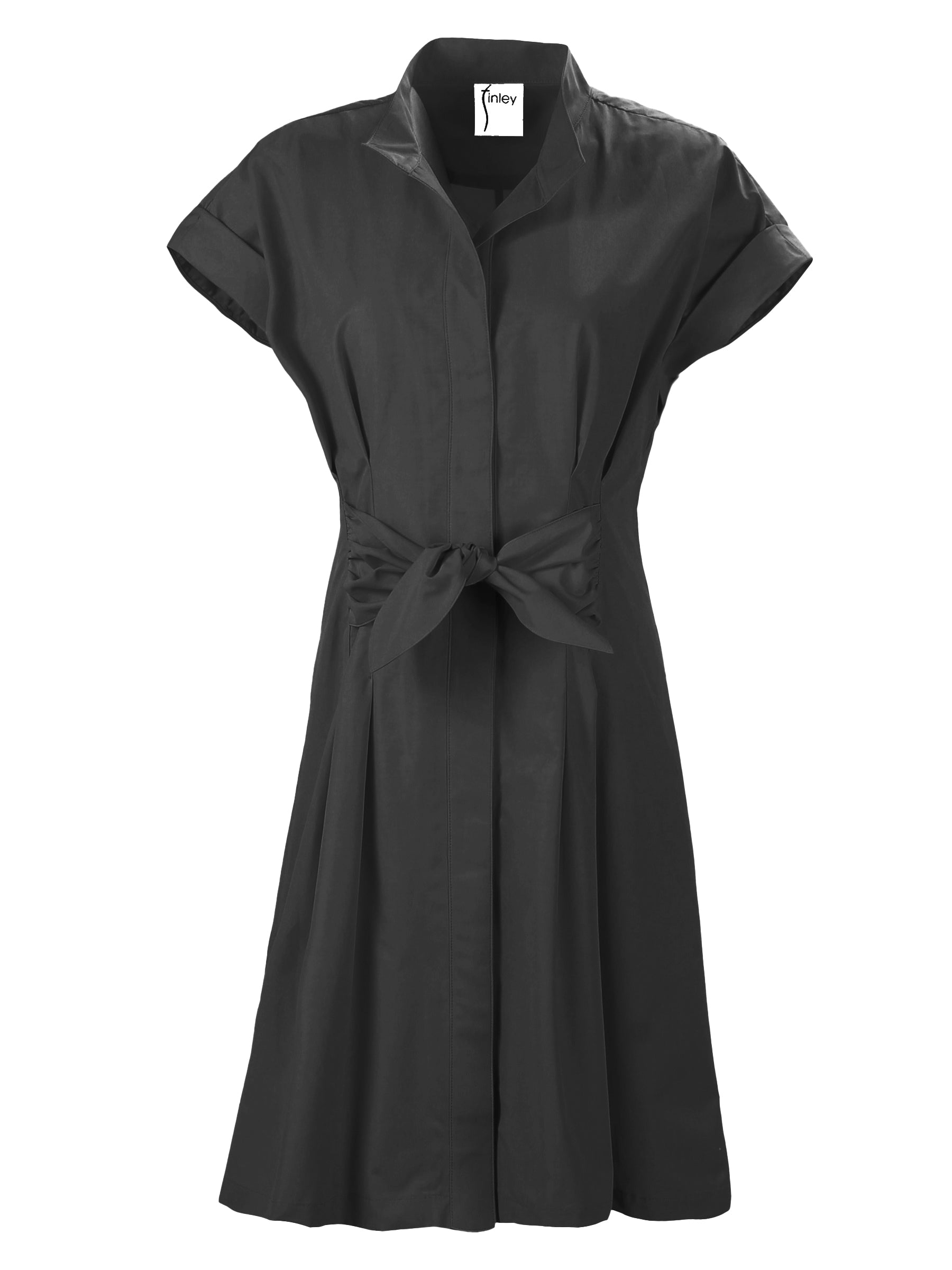 Front view of Finley Rocky black dress: band collar, hidden buttons, cap sleeves, front tie, A-line silhouette.
