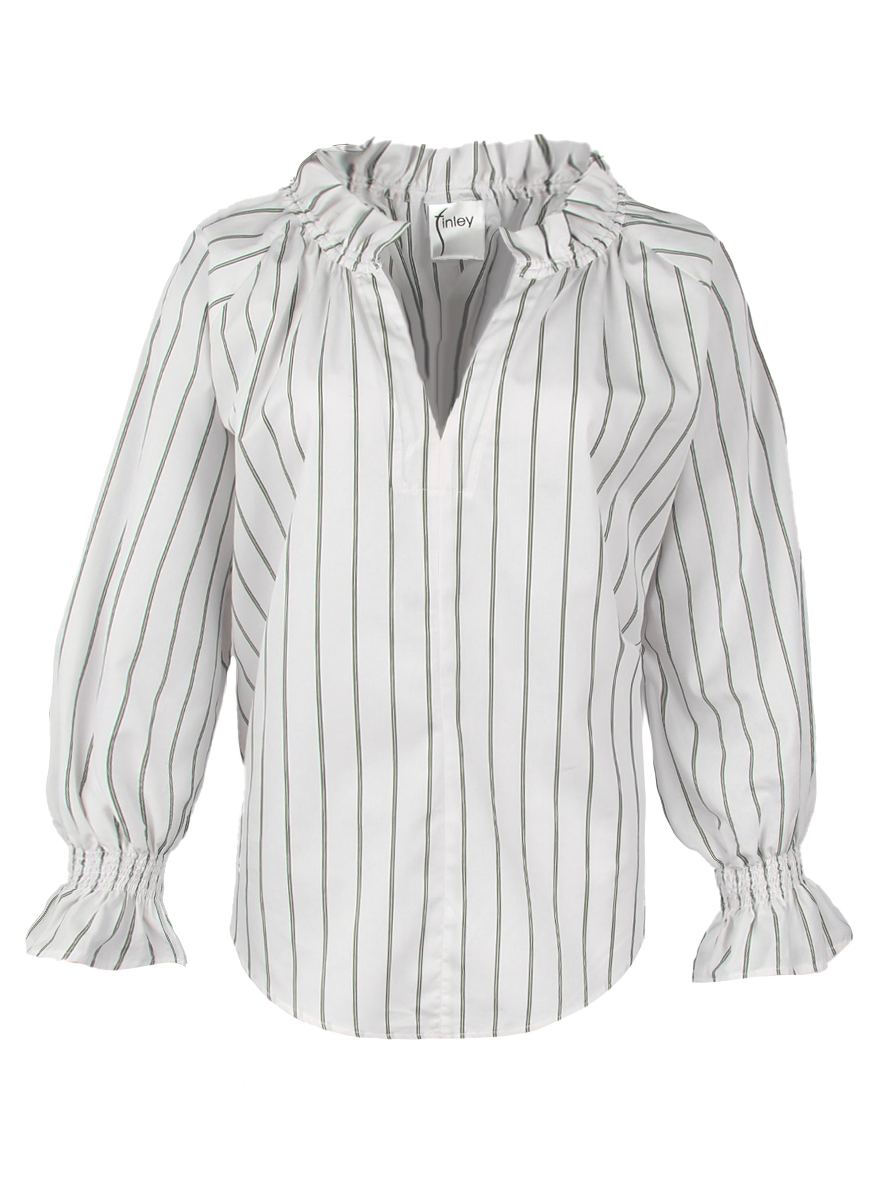 A front view of the Finley Candace blouse, a popover poplin shirt with a v-neck and ruffle details in olive pinstripes.
