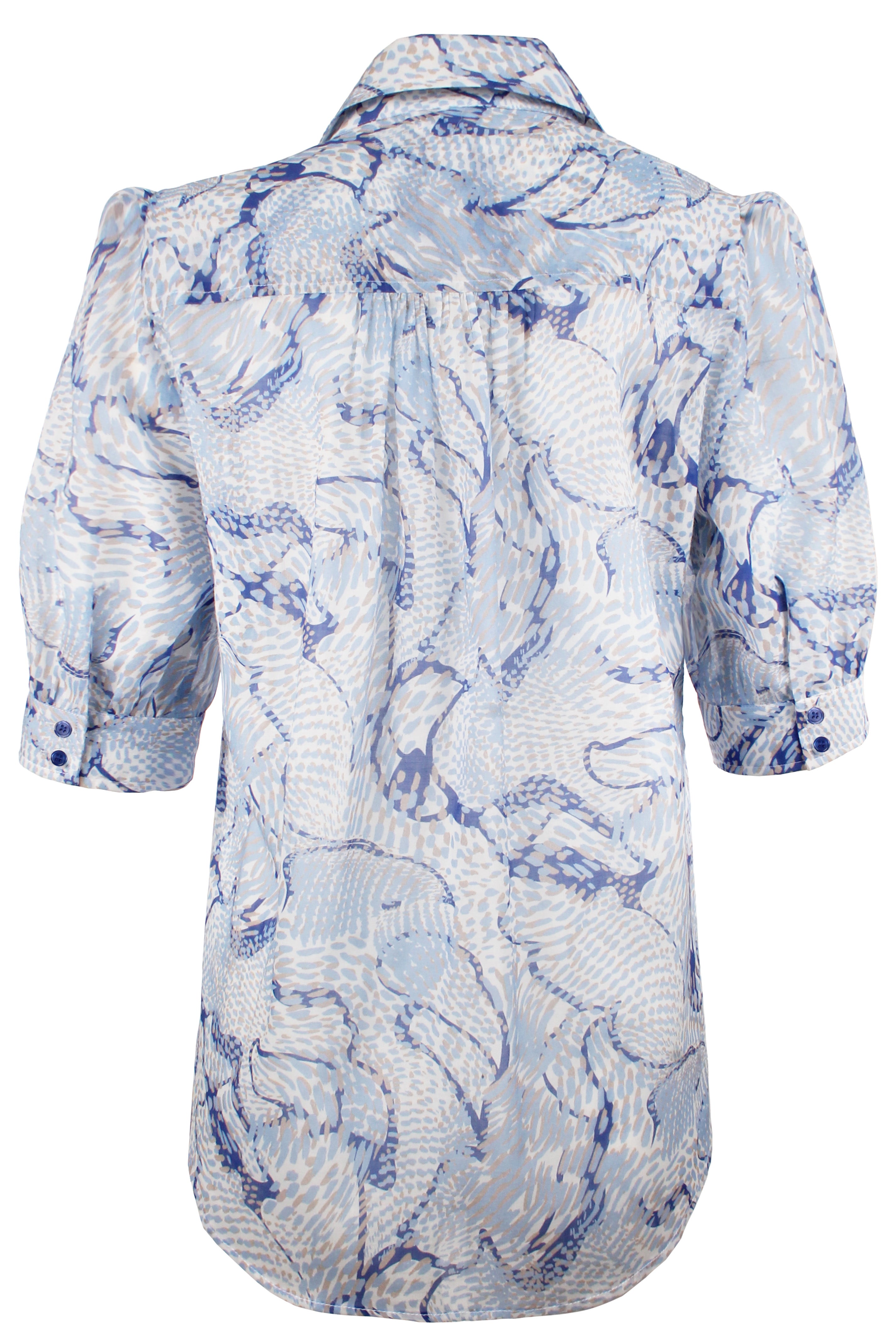 Blue and white patterned shirt on a white background