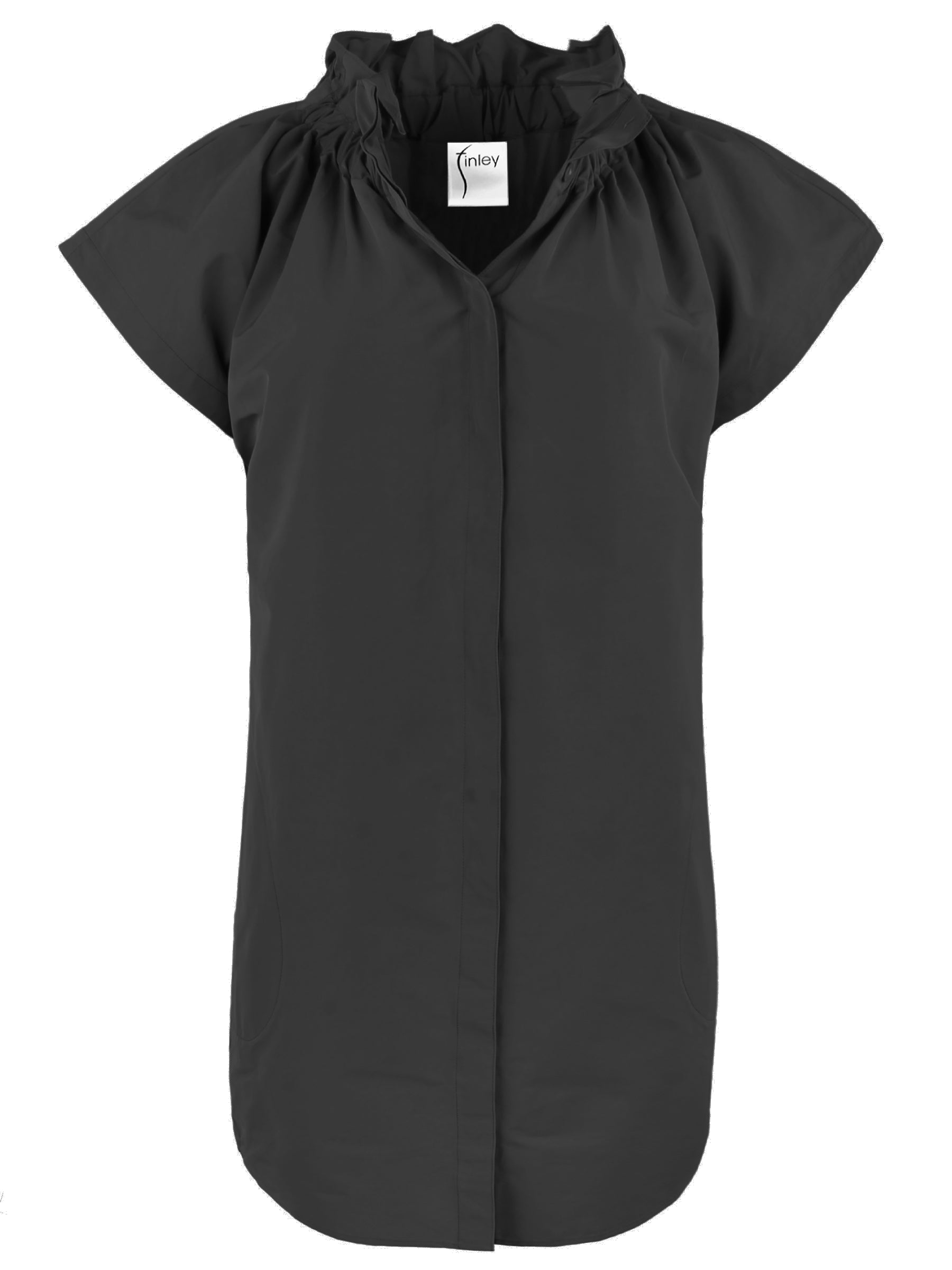 a front view of the Finley Jenny shirt dress with a knee-length hem, black taffeta fabric, pockets, cap sleeves, and ruched ruffle detail.
