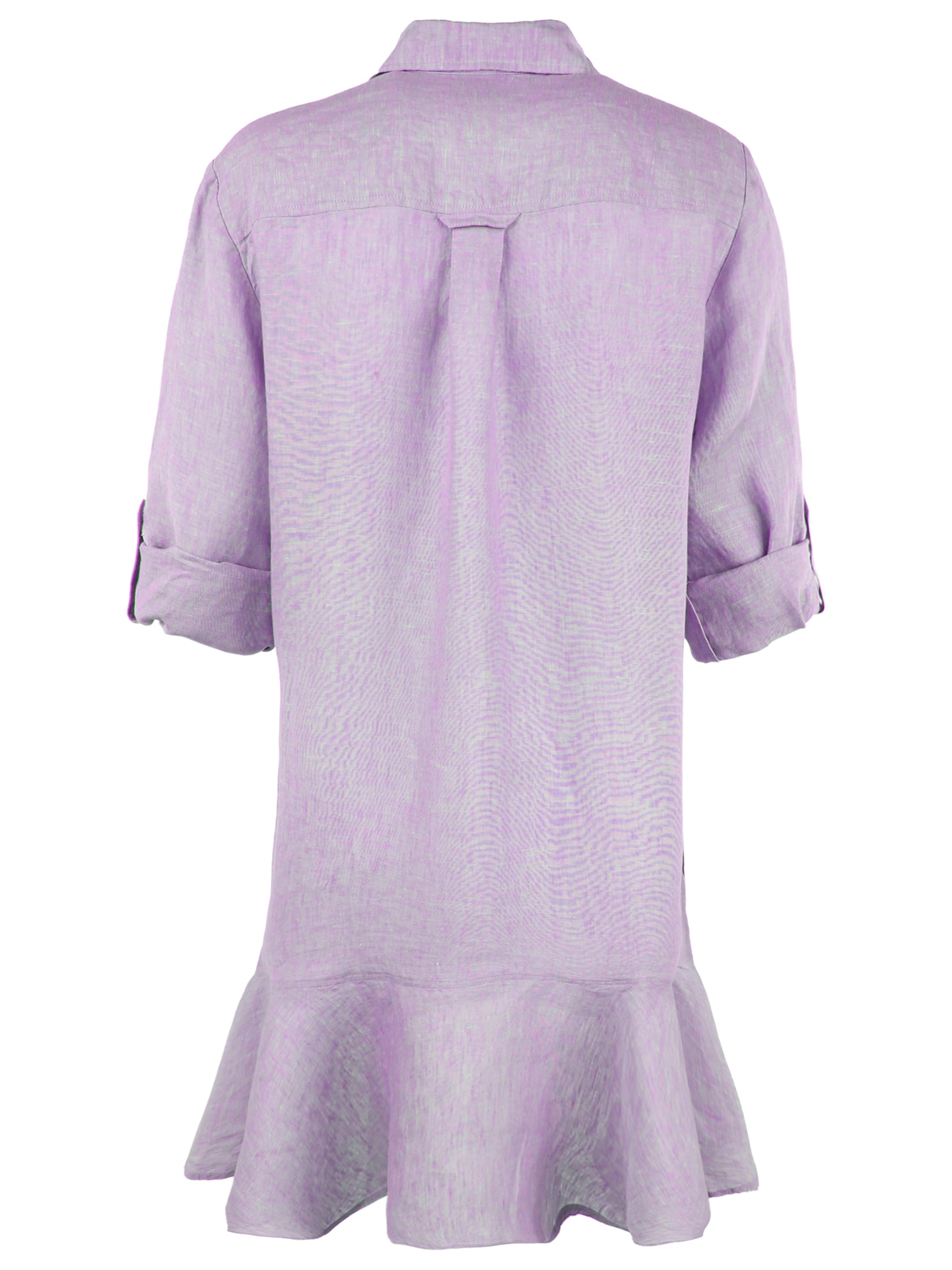 a back view of the Finley Drop Waist Float Shirt shirt dress with a ruffle waistline, washed linen fabric, lilac color, and on-seam pockets.
