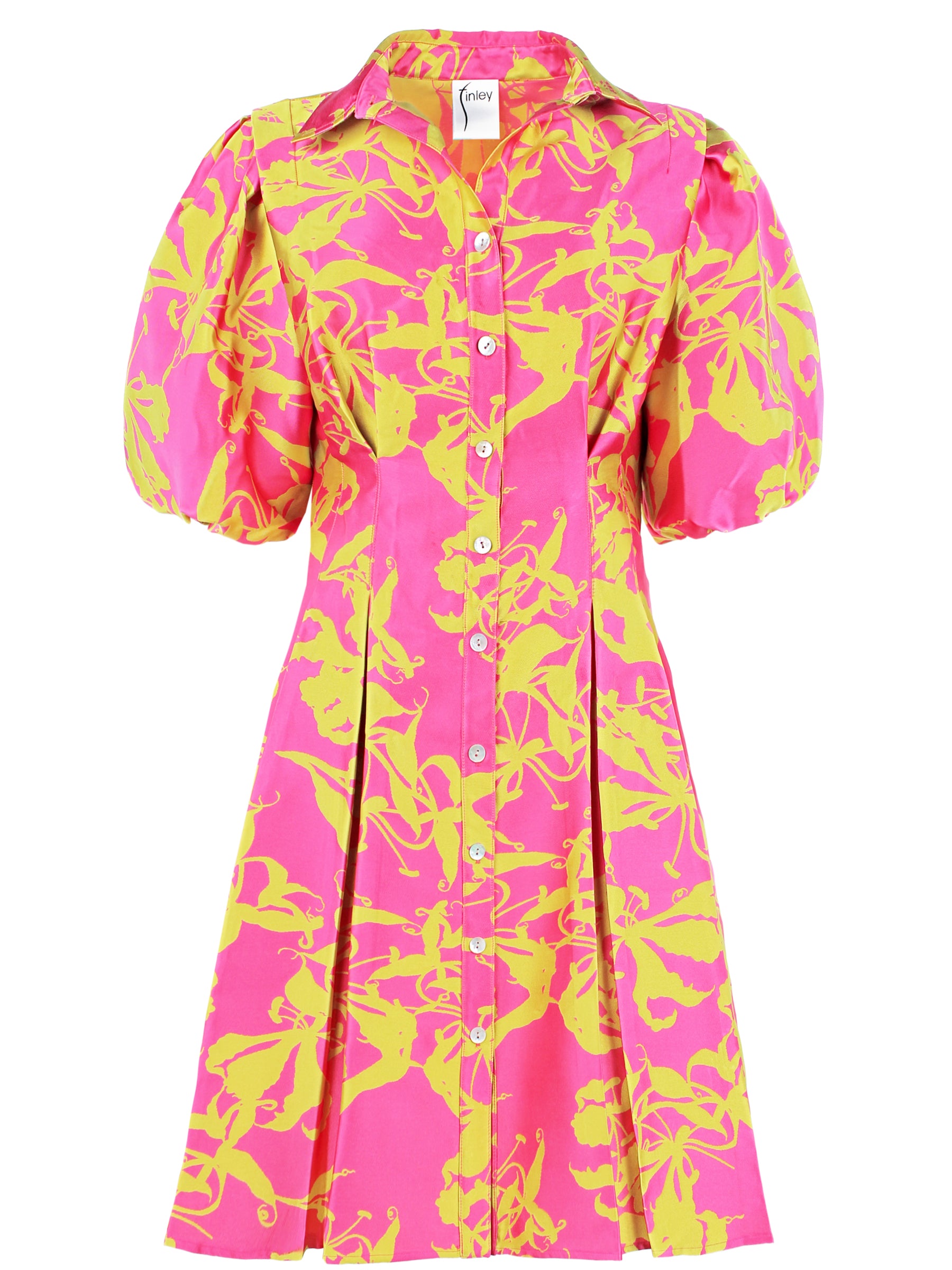 A front view of the Alicia mini shirt dress with a pleated skirt, elasticized cuffs, and pink & yellow floral print.

