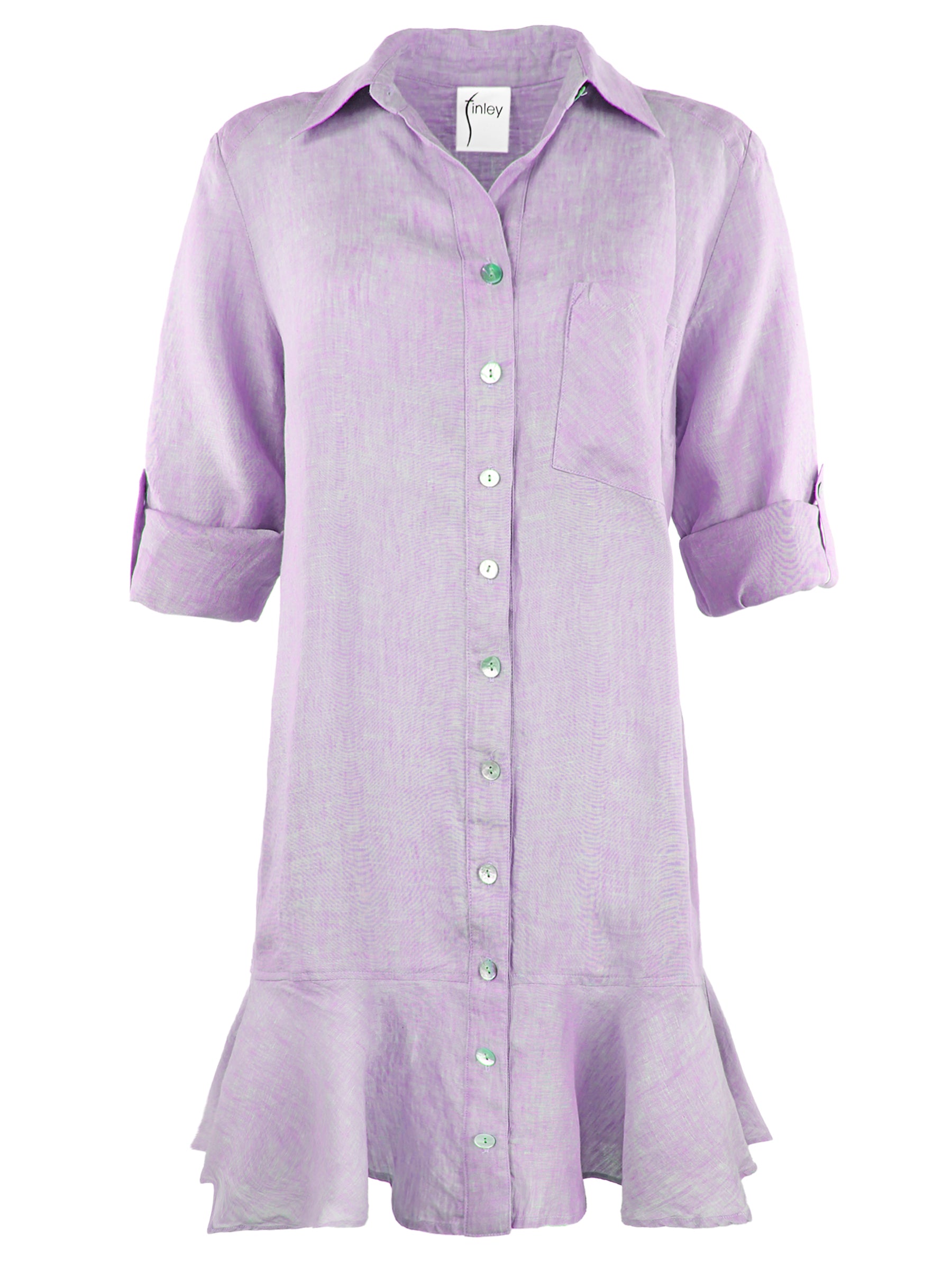 a front view of the Finley Drop Waist Float Shirt shirt dress with a ruffle waistline, washed linen fabric, lilac color, and on-seam pockets.
