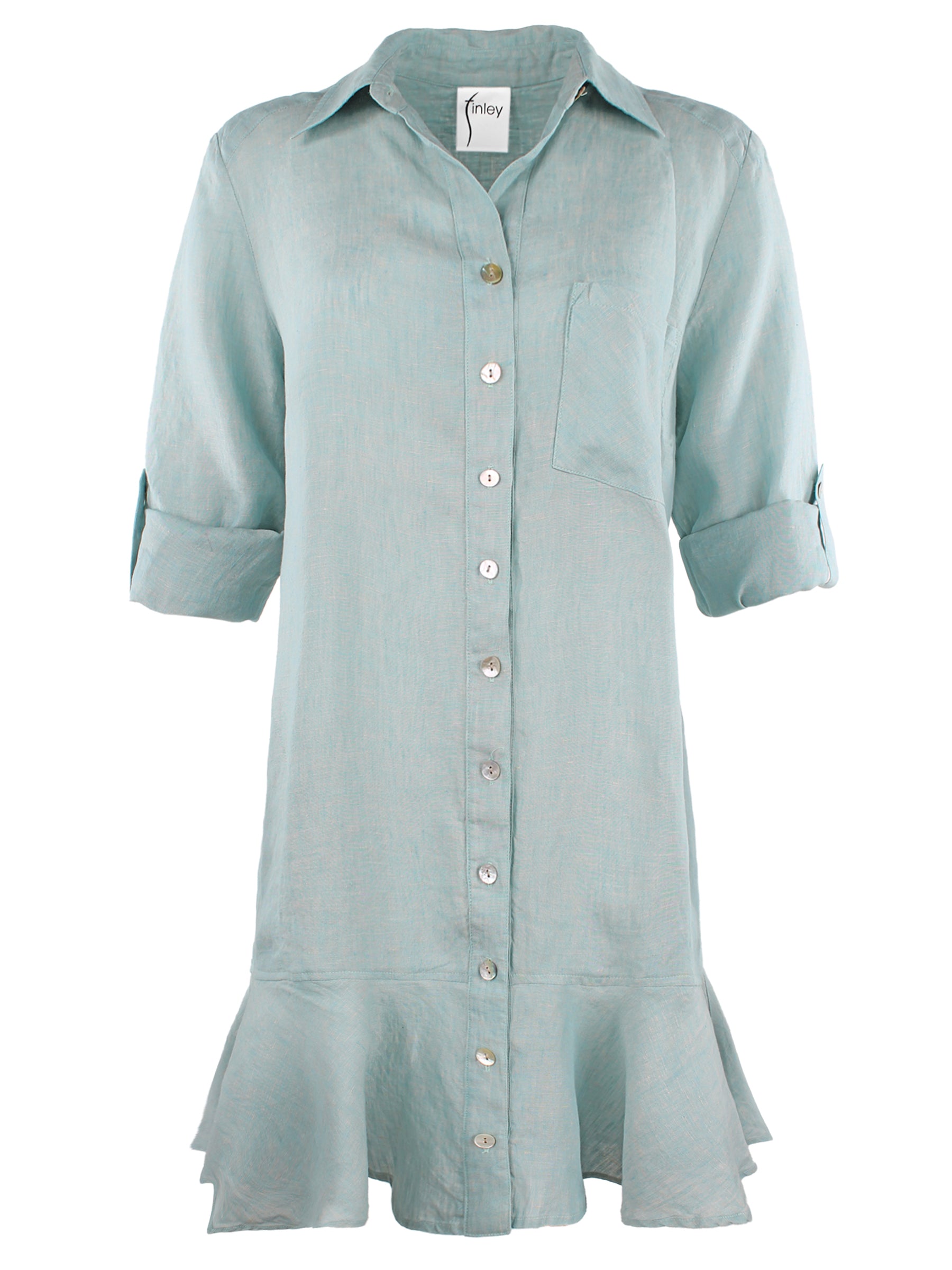 a front view of the Finley Drop Waist Float Shirt shirt dress with a ruffle waistline, washed linen fabric, seaglass green color, and on-seam pockets.
