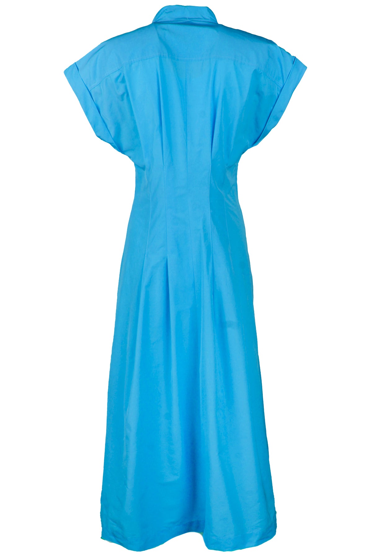 a back view of the Finley Long Rocky shirt dress with a ruffle waistline, washed linen fabric in turquoise color, and on-seam pockets.

