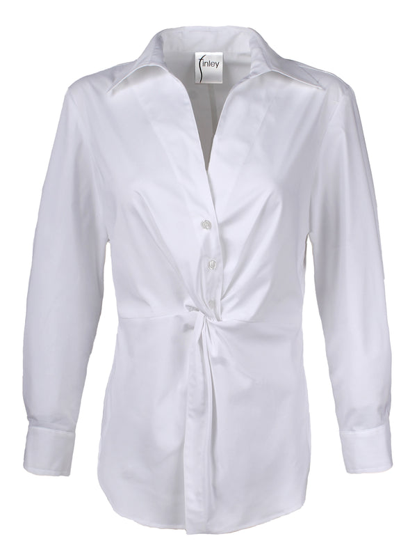 The Finley Sid shirt, a tailored button-down white cotton blouse with a tie front and a relaxed fit - front